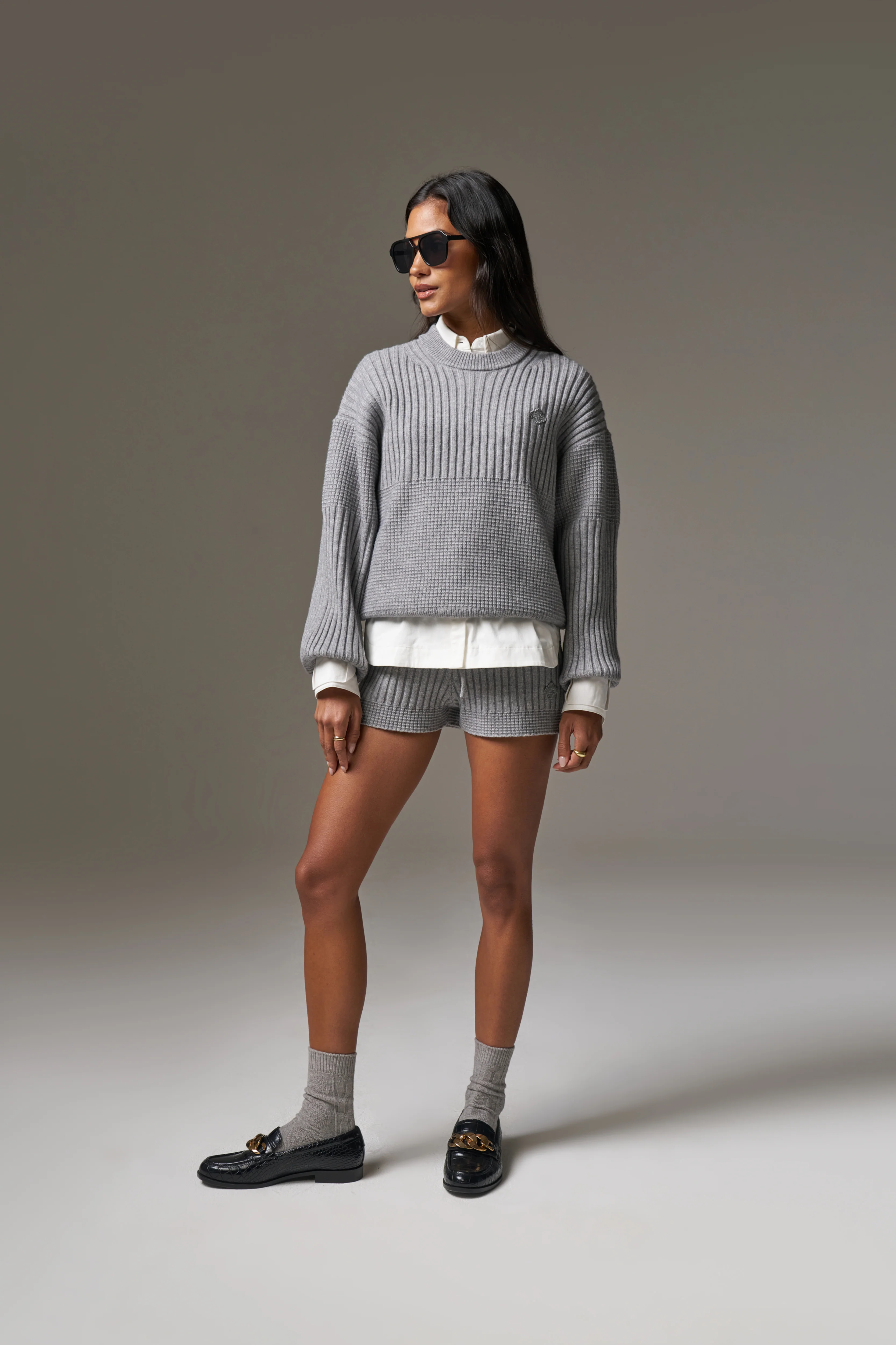 CONTRAST KNIT OVERSIZED CREW - GREY MARL