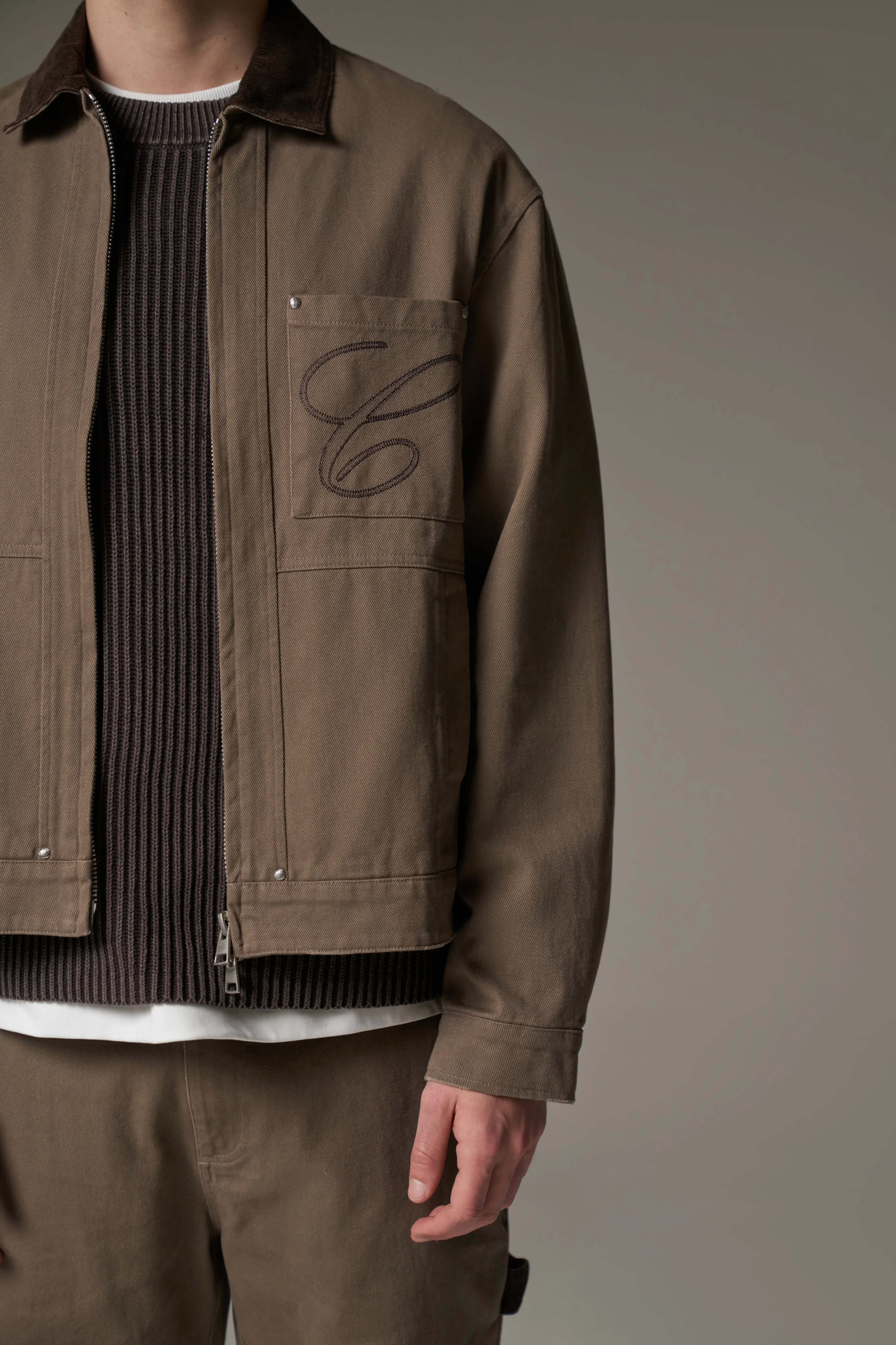 TWILL CONTRAST COLLAR JACKET - WASHED BROWN