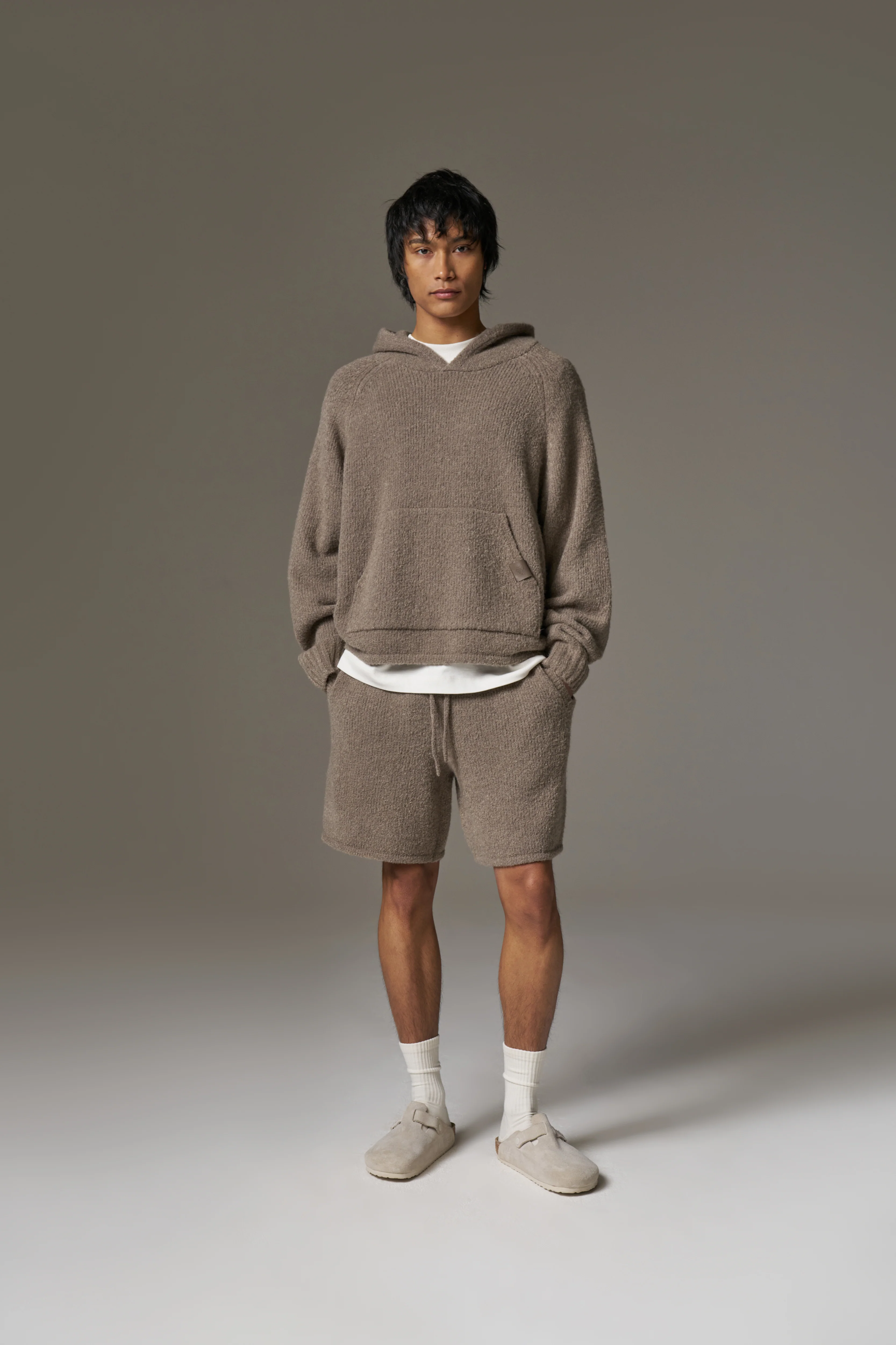 BOUCLE KNIT HOODIE - BROWN