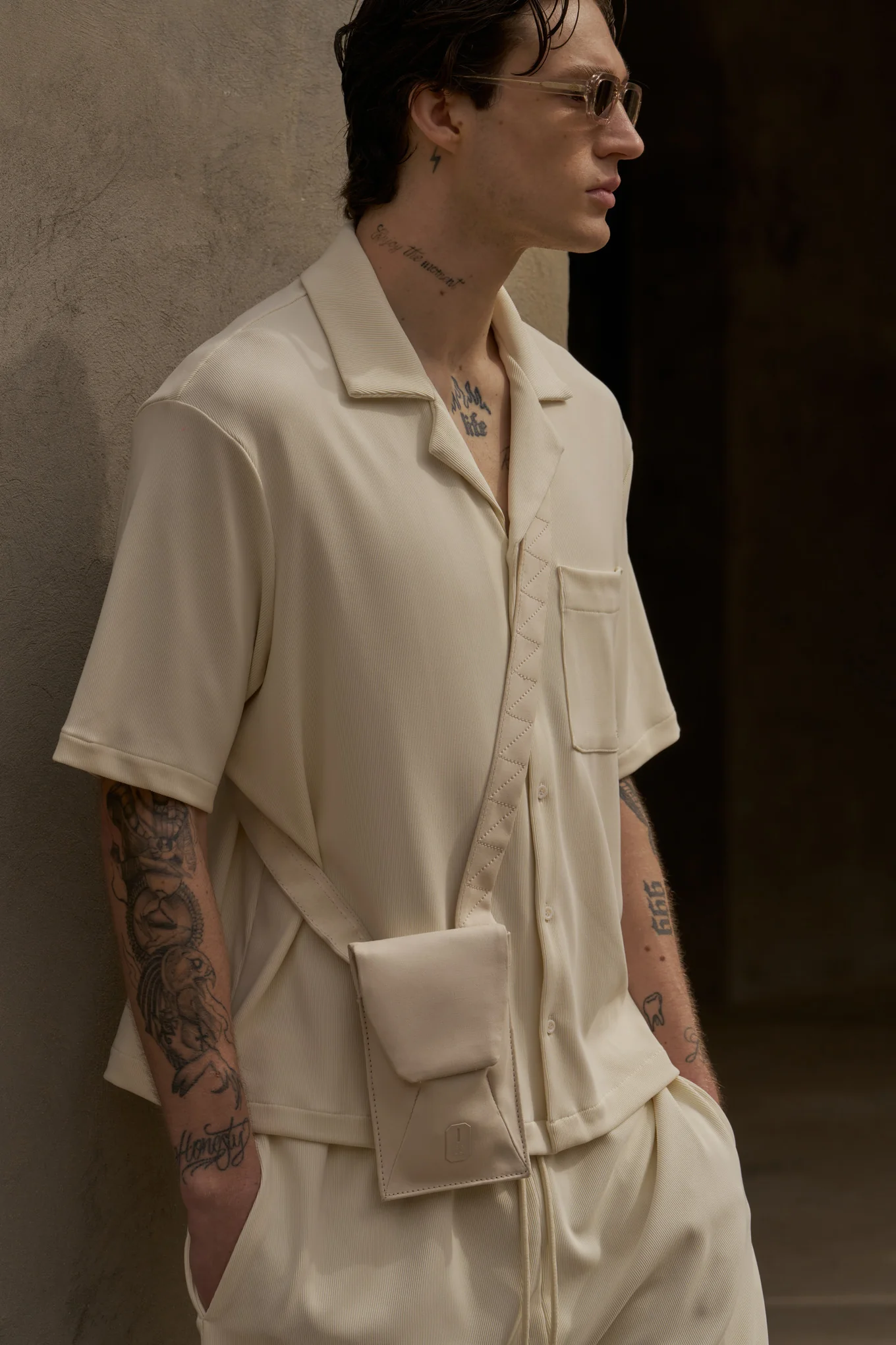 RIB BUTTON THROUGH SHIRT - OFF WHITE