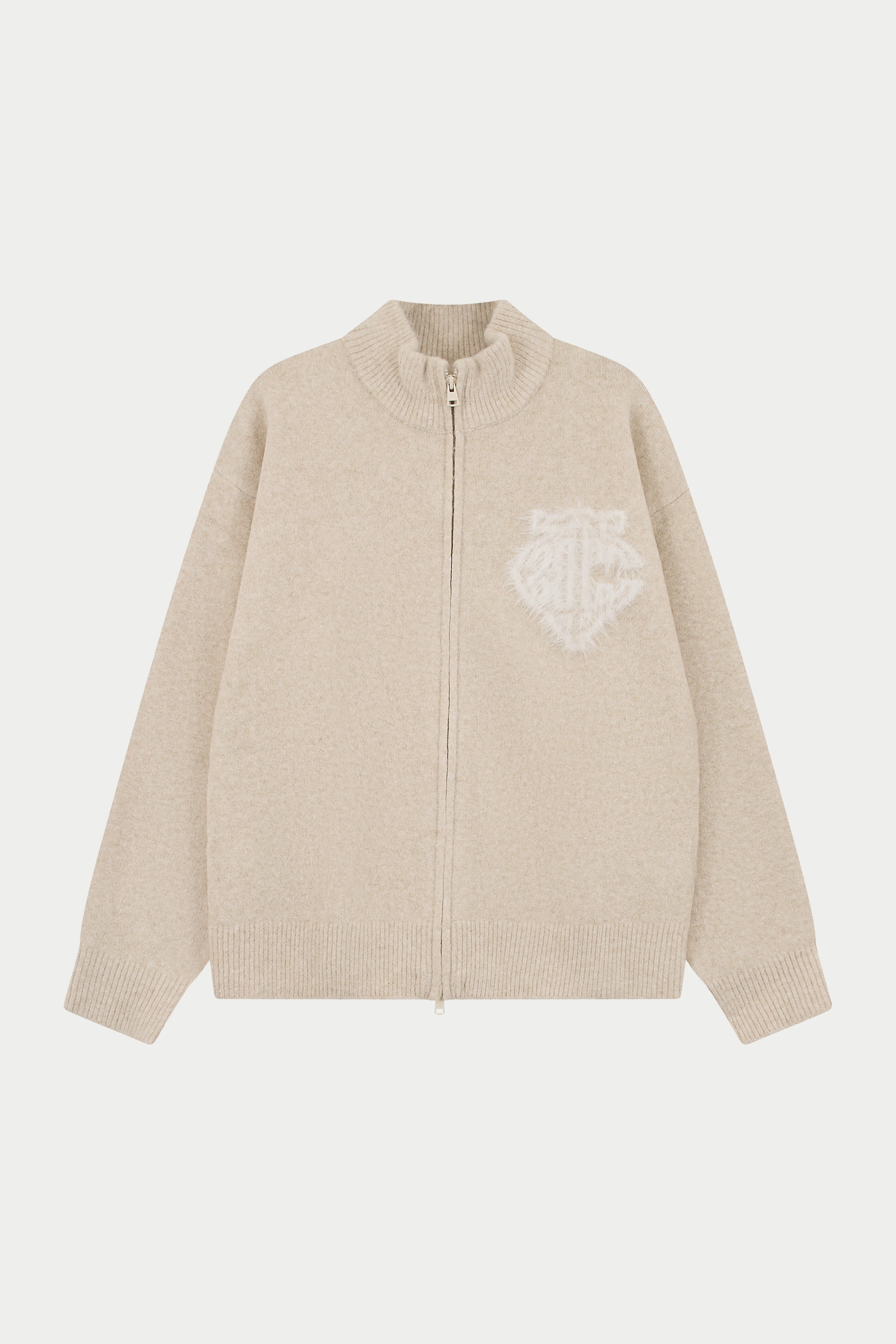 MONOGRAM EMBLEM FLUFFY KNIT ZIP THROUGH - BEIGE
