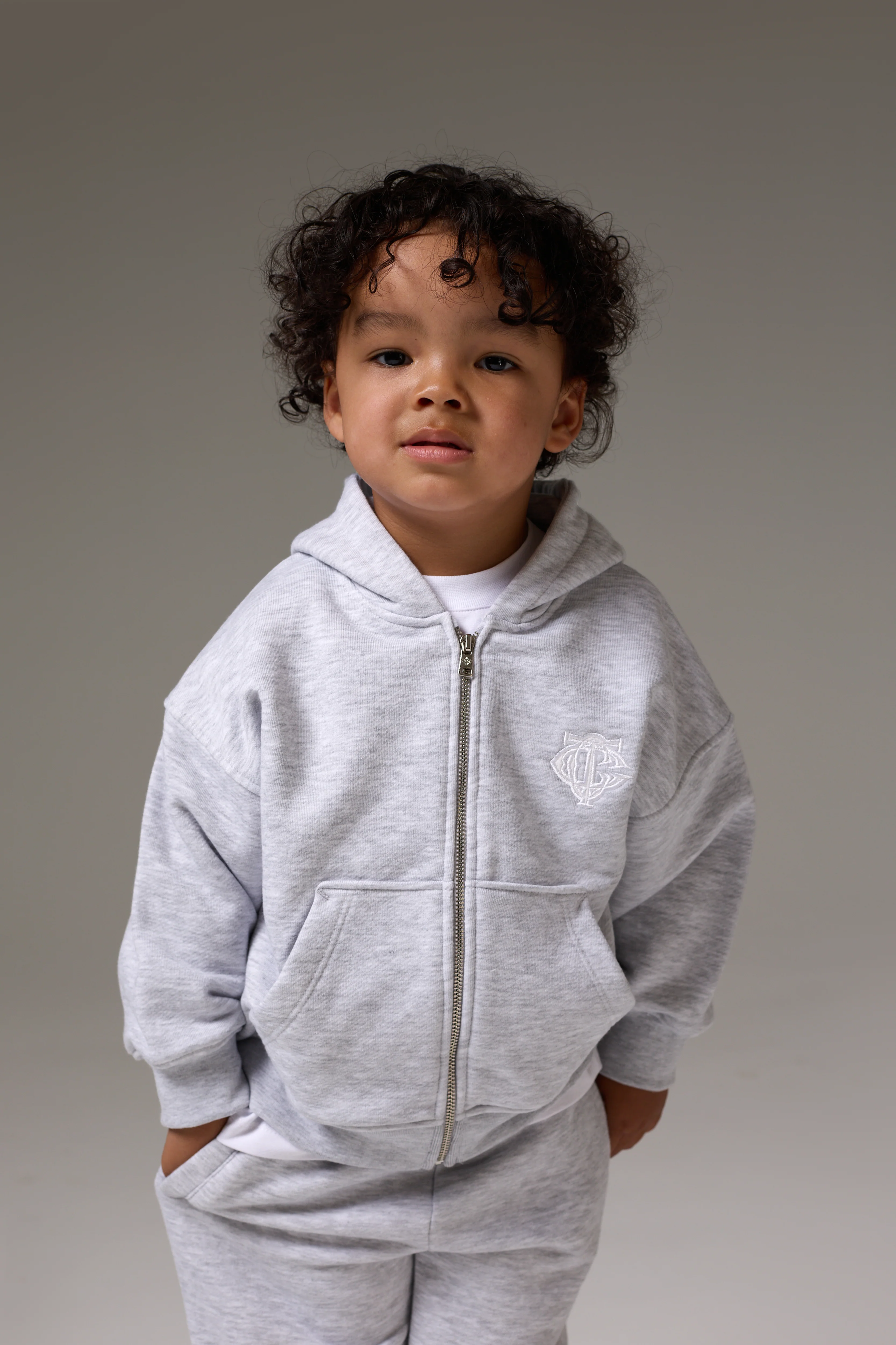 KIDS ZIP THROUGH MONOGRAM EMBLEM APPLIQUE HOODIE - GREY MARL