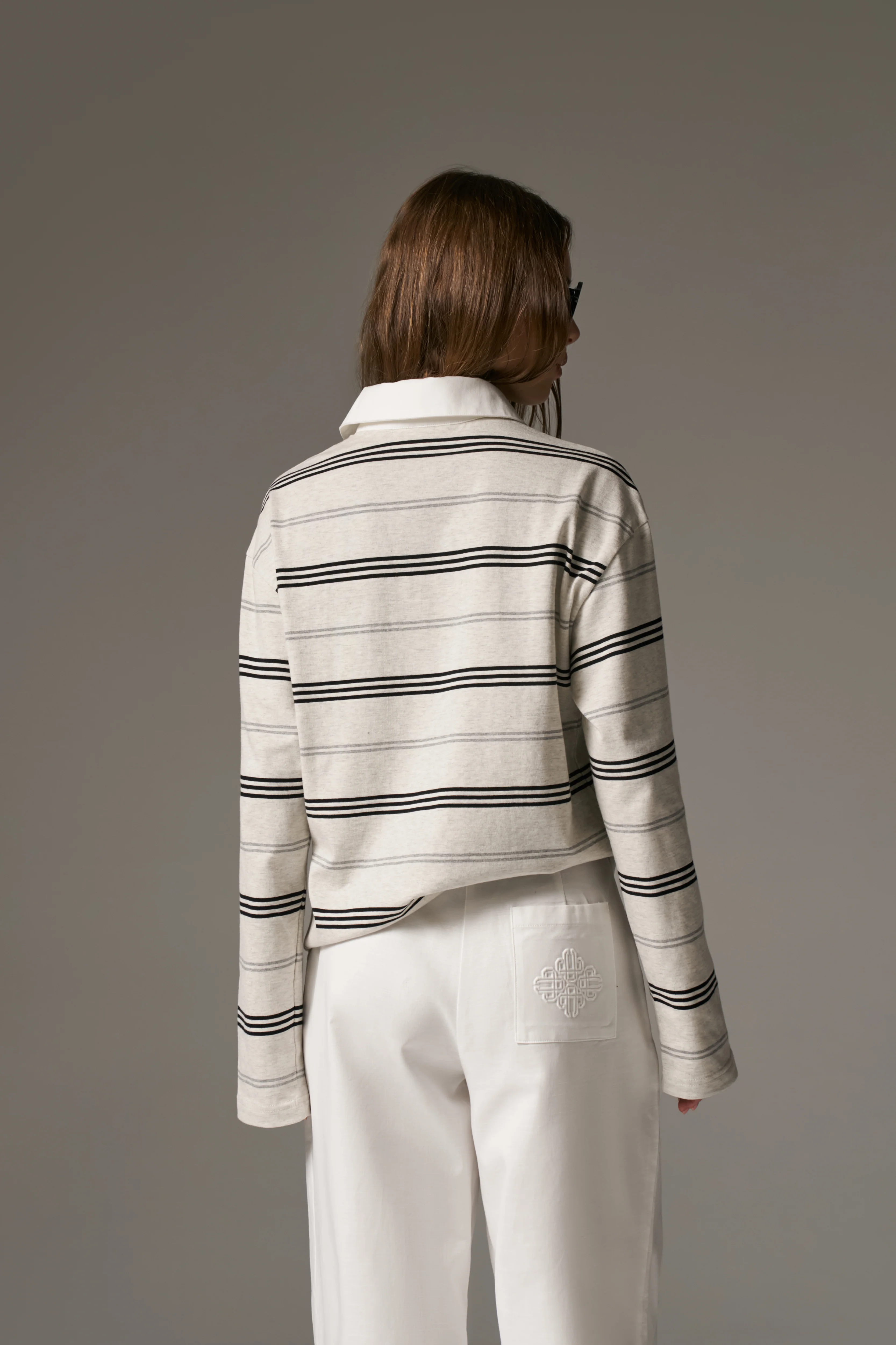 STRIPED LONG SLEEVE POLO TEE - GREY MARL