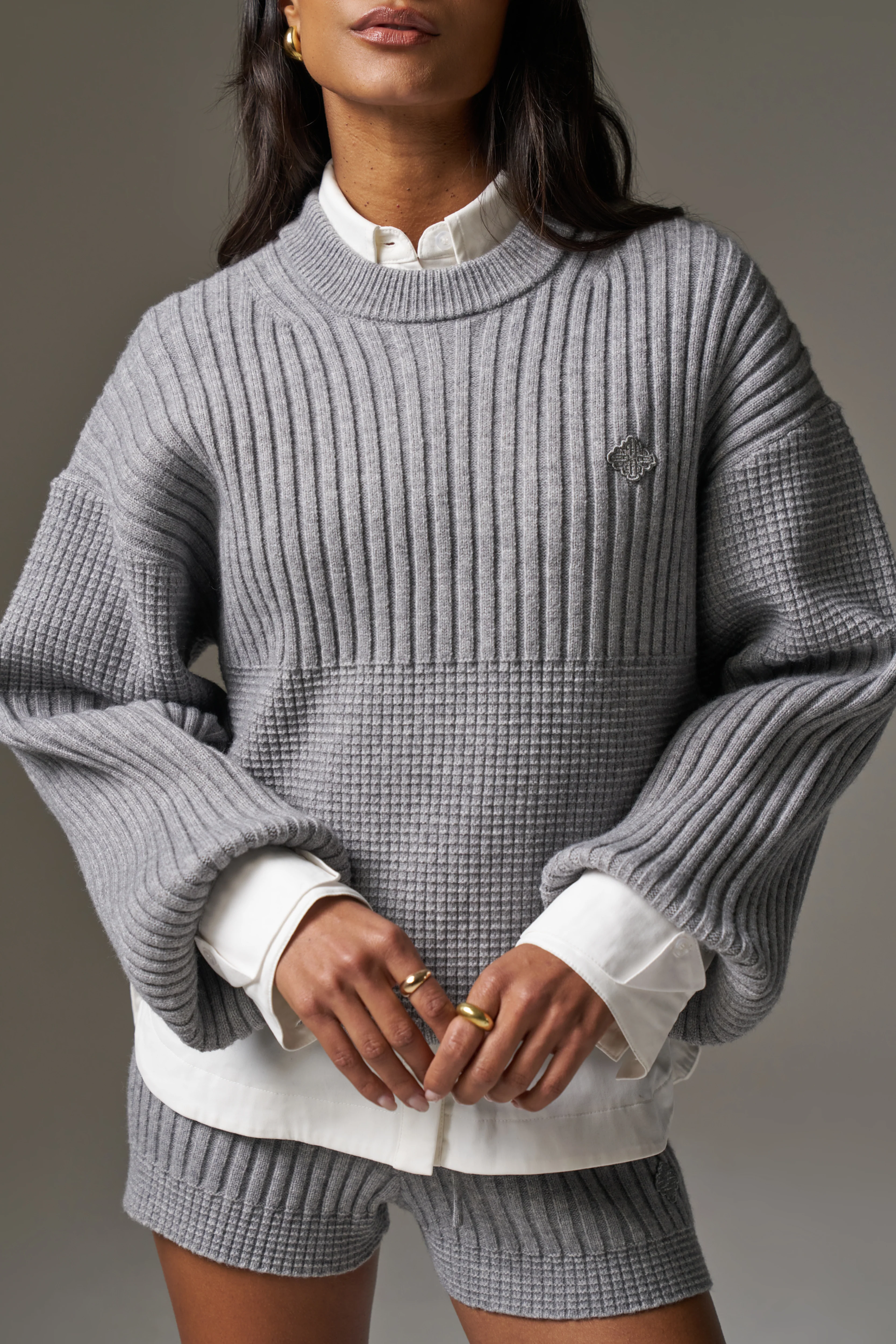 CONTRAST KNIT OVERSIZED CREW - GREY MARL