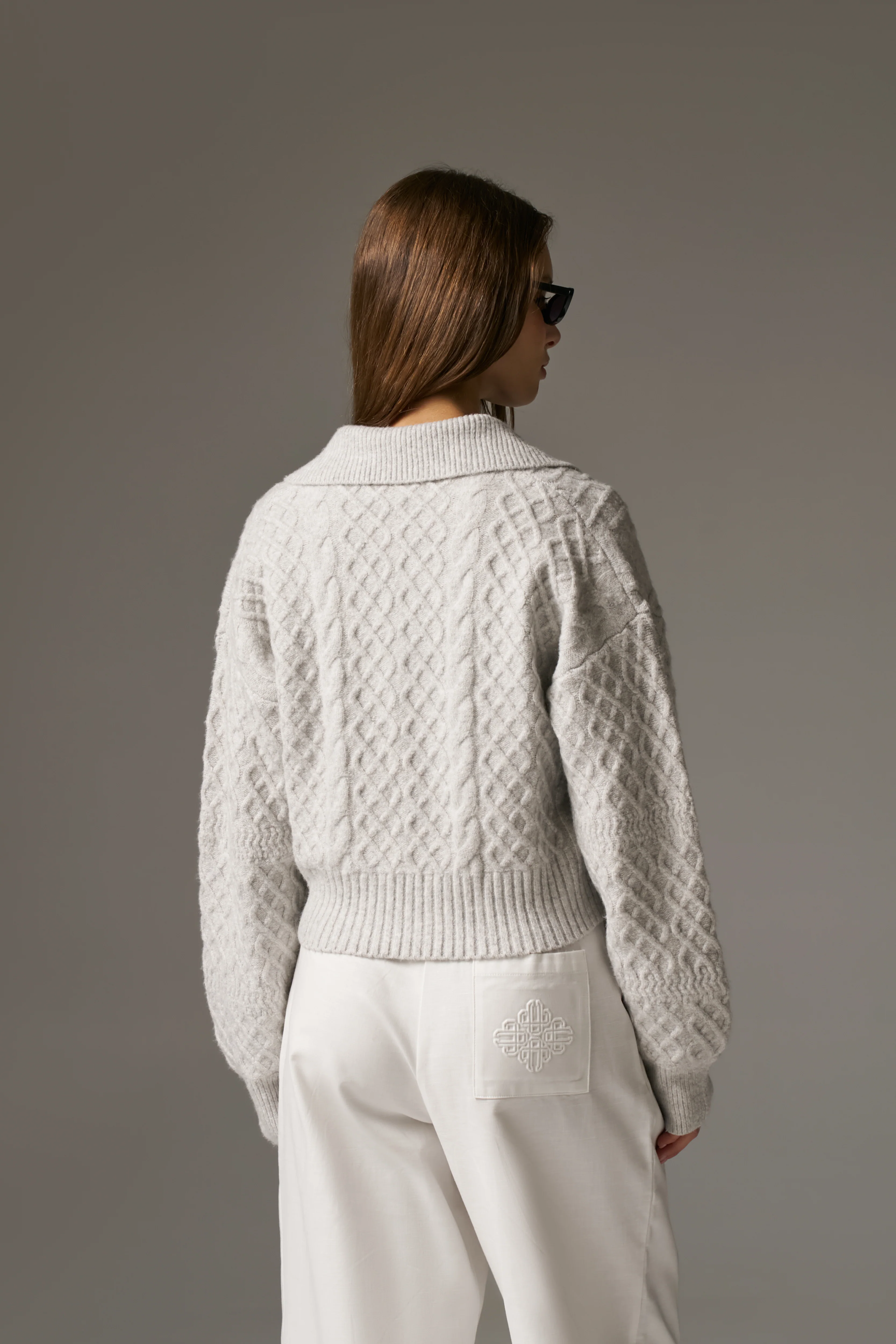 CABLE KNIT CARDIGAN - GREY MARL