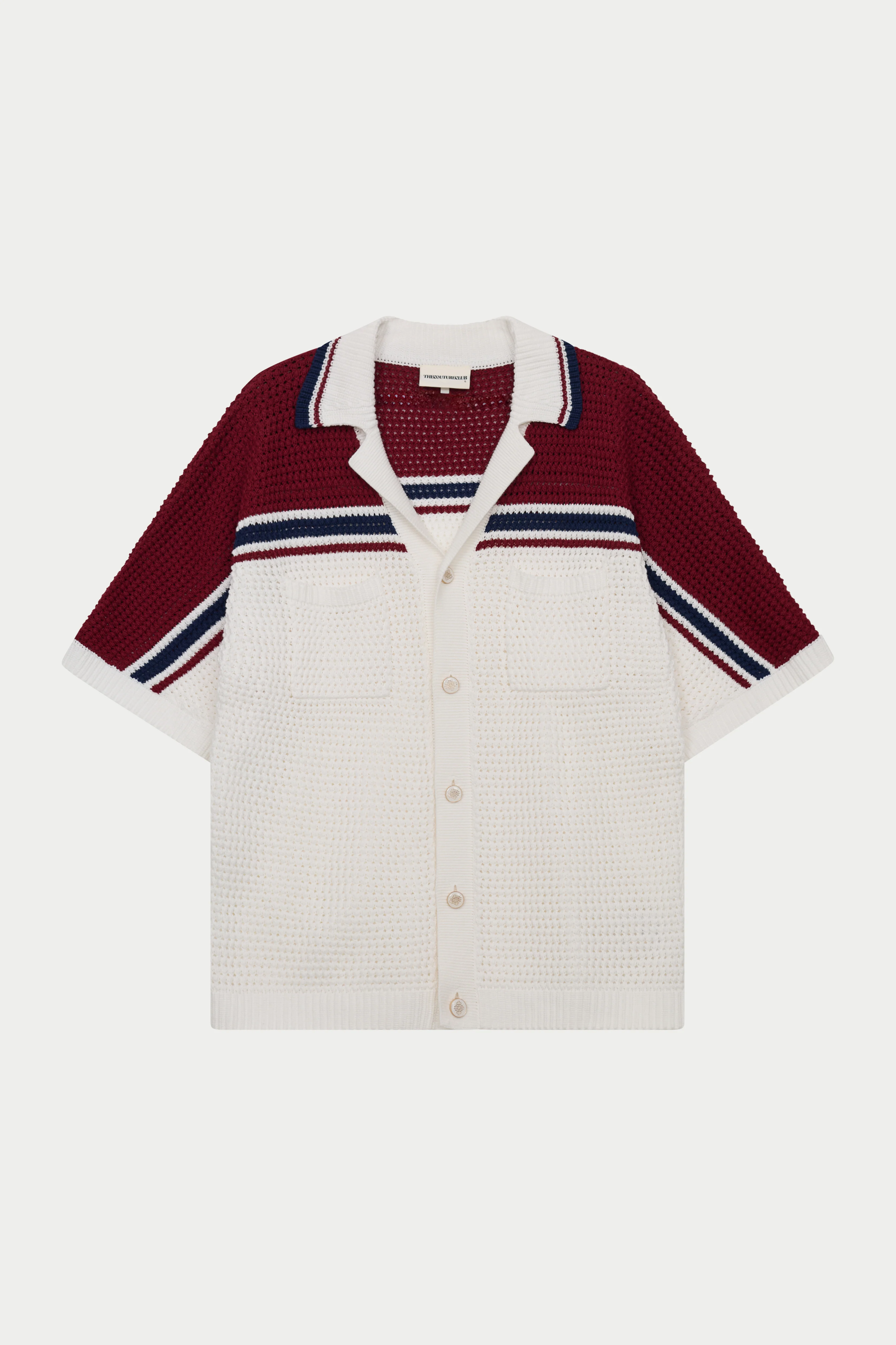 COLOUR BLOCK KNITTED STRIPE SHIRT - BURGUNDY