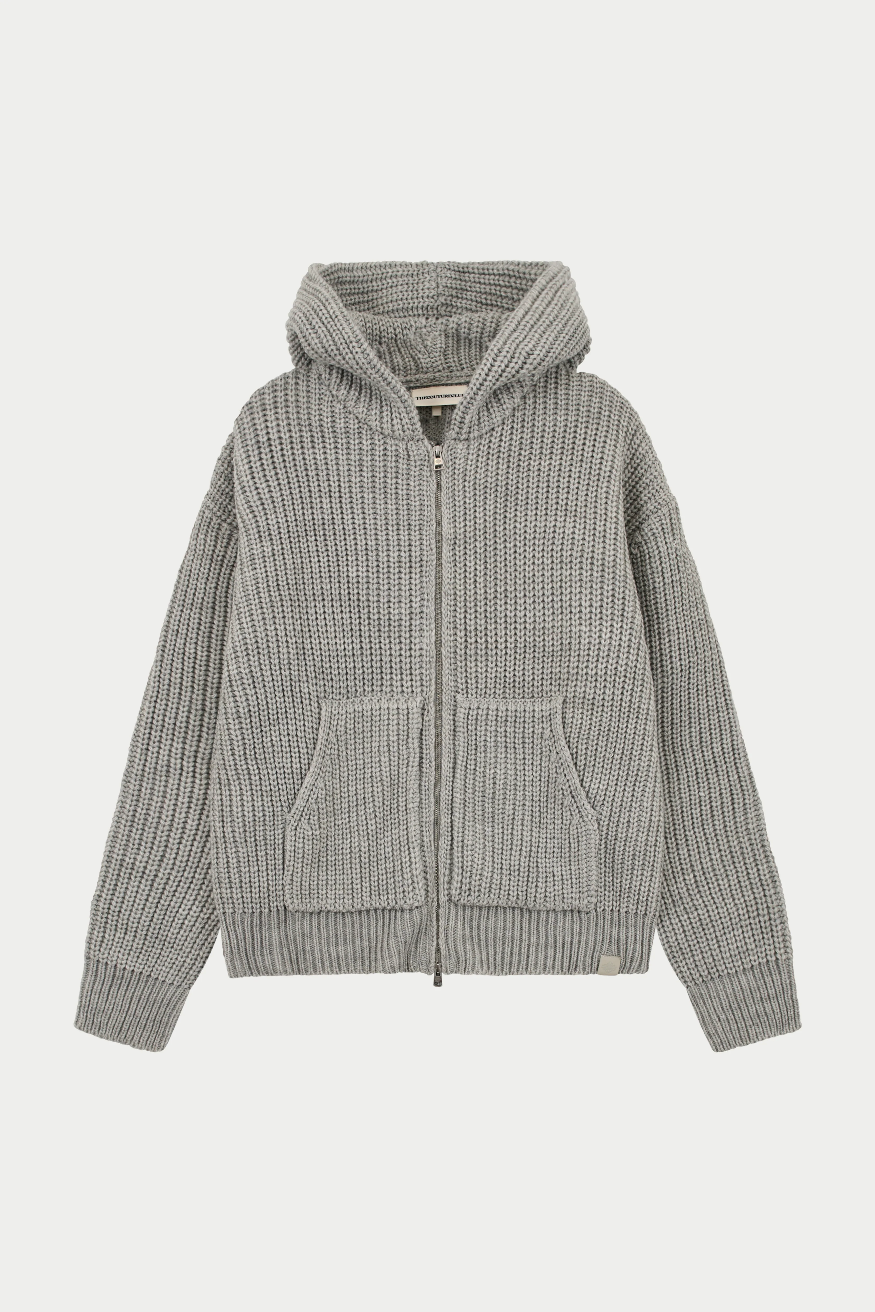 JUMBO RIB KNITTED ZIP THROUGH HOODIE - GREY MARL