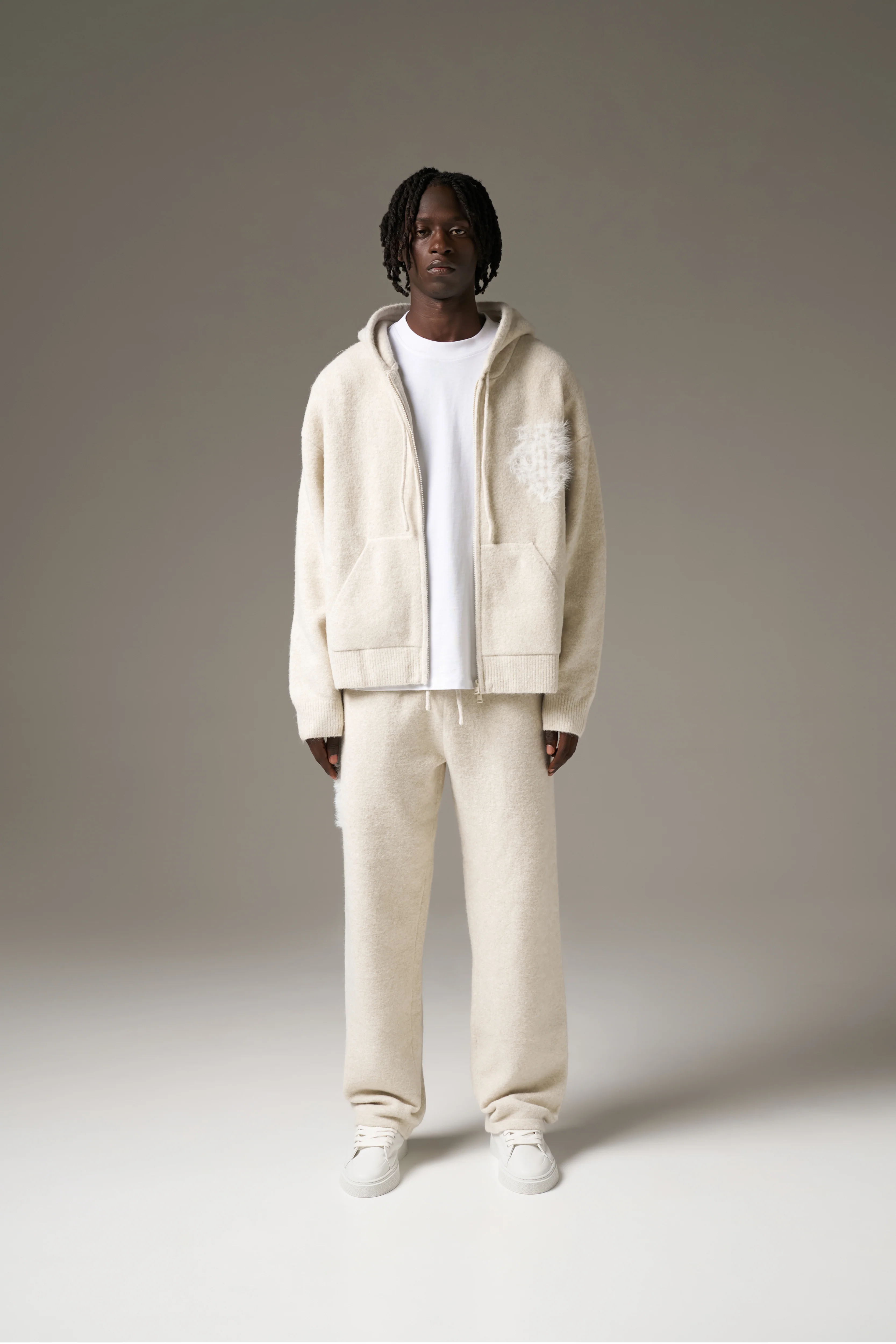 MONOGRAM EMBLEM FLUFFY KNIT ZIP THROUGH HOODIE - BEIGE