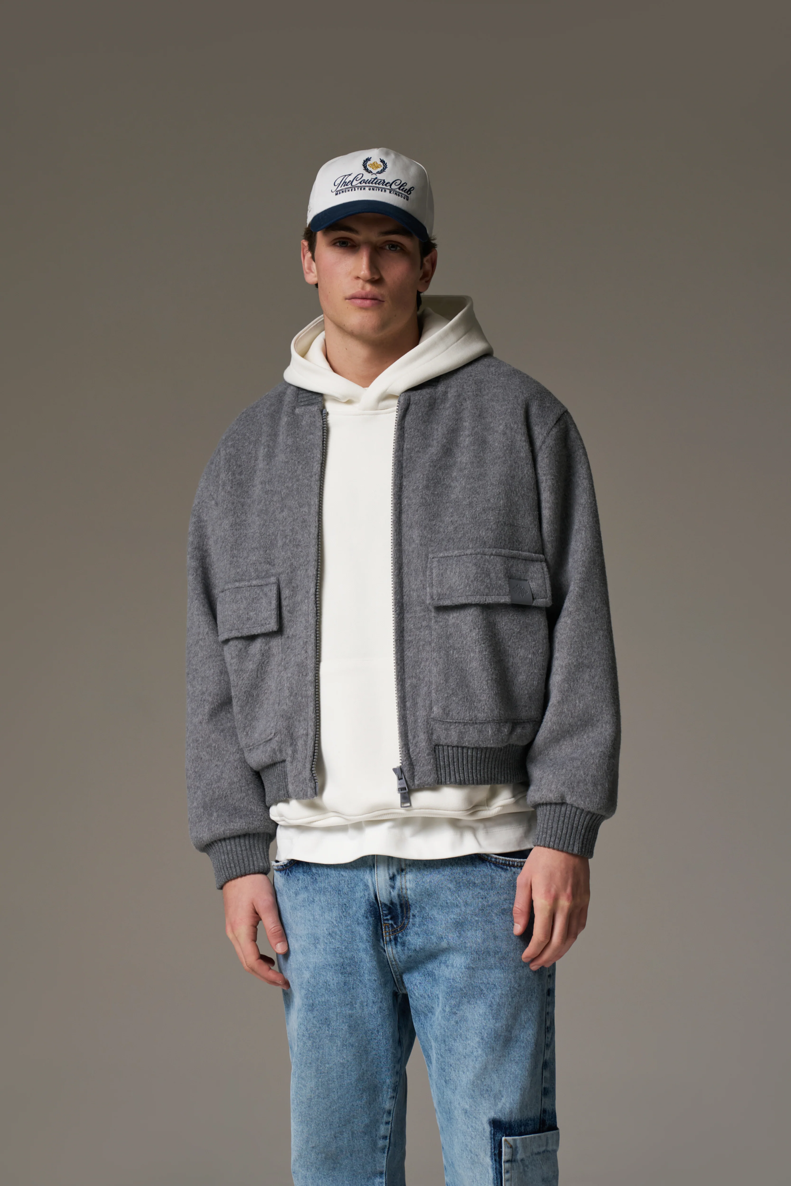 WOOL BLEND BOMBER JACKET - GREY MARL