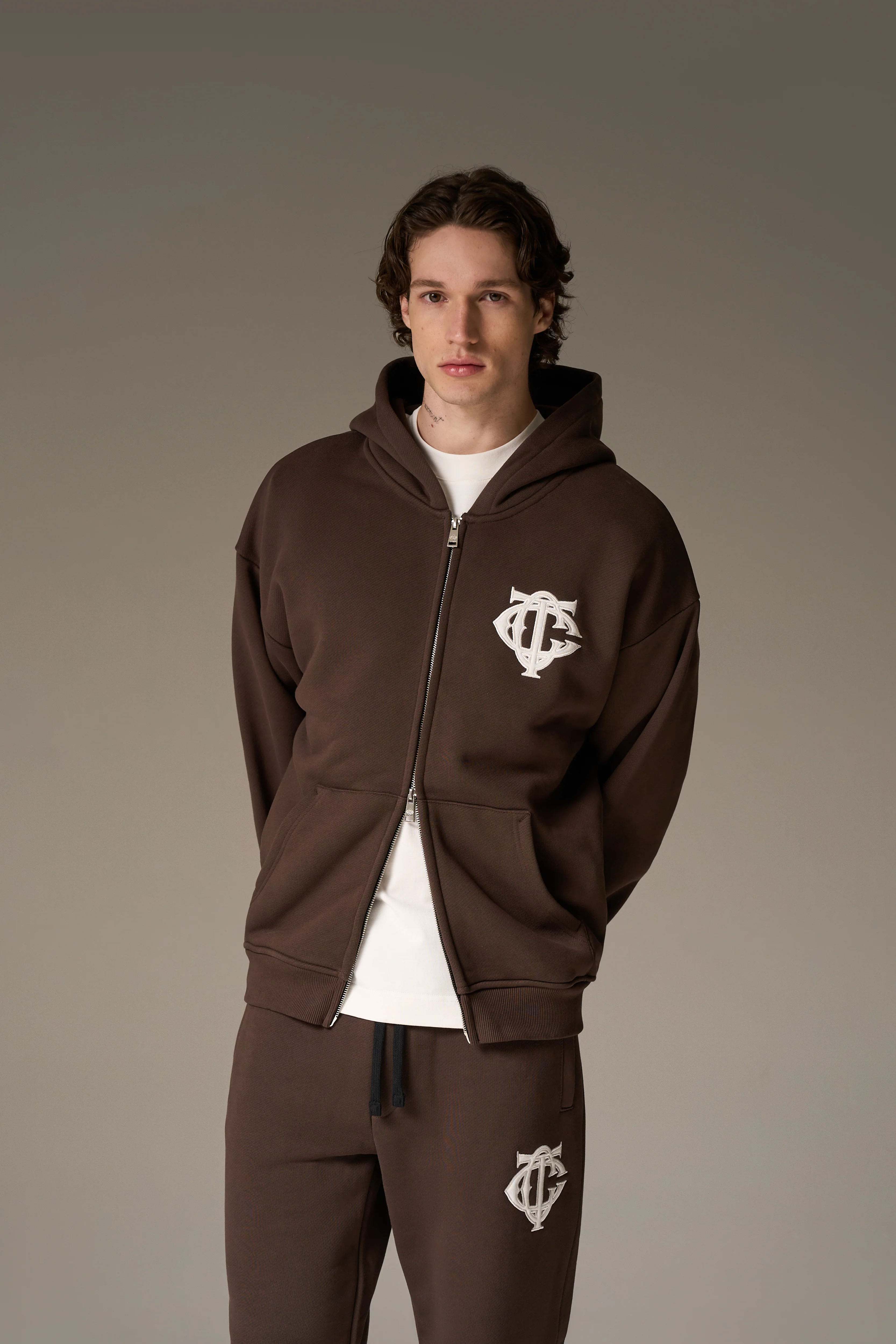 HEAVYWEIGHT MONOGRAM EMBLEM ZIP THROUGH - BROWN