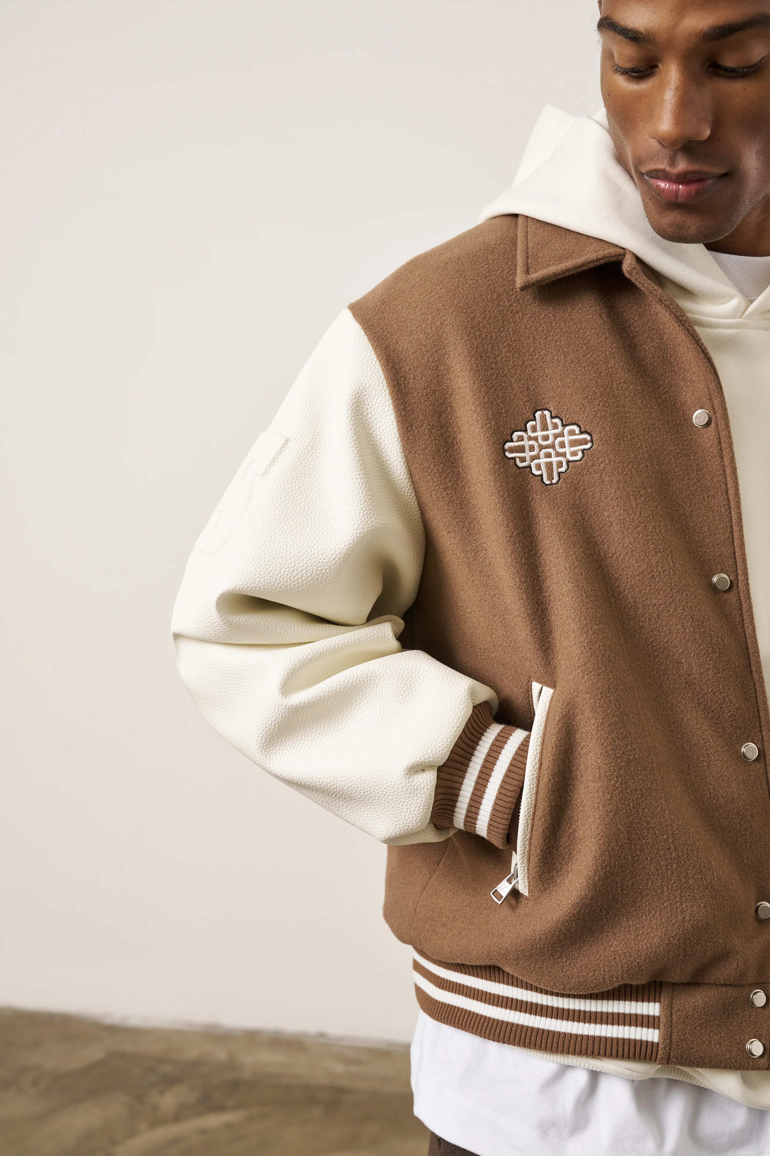 EMBLEM CHENILLE VARSITY JACKET - BROWN