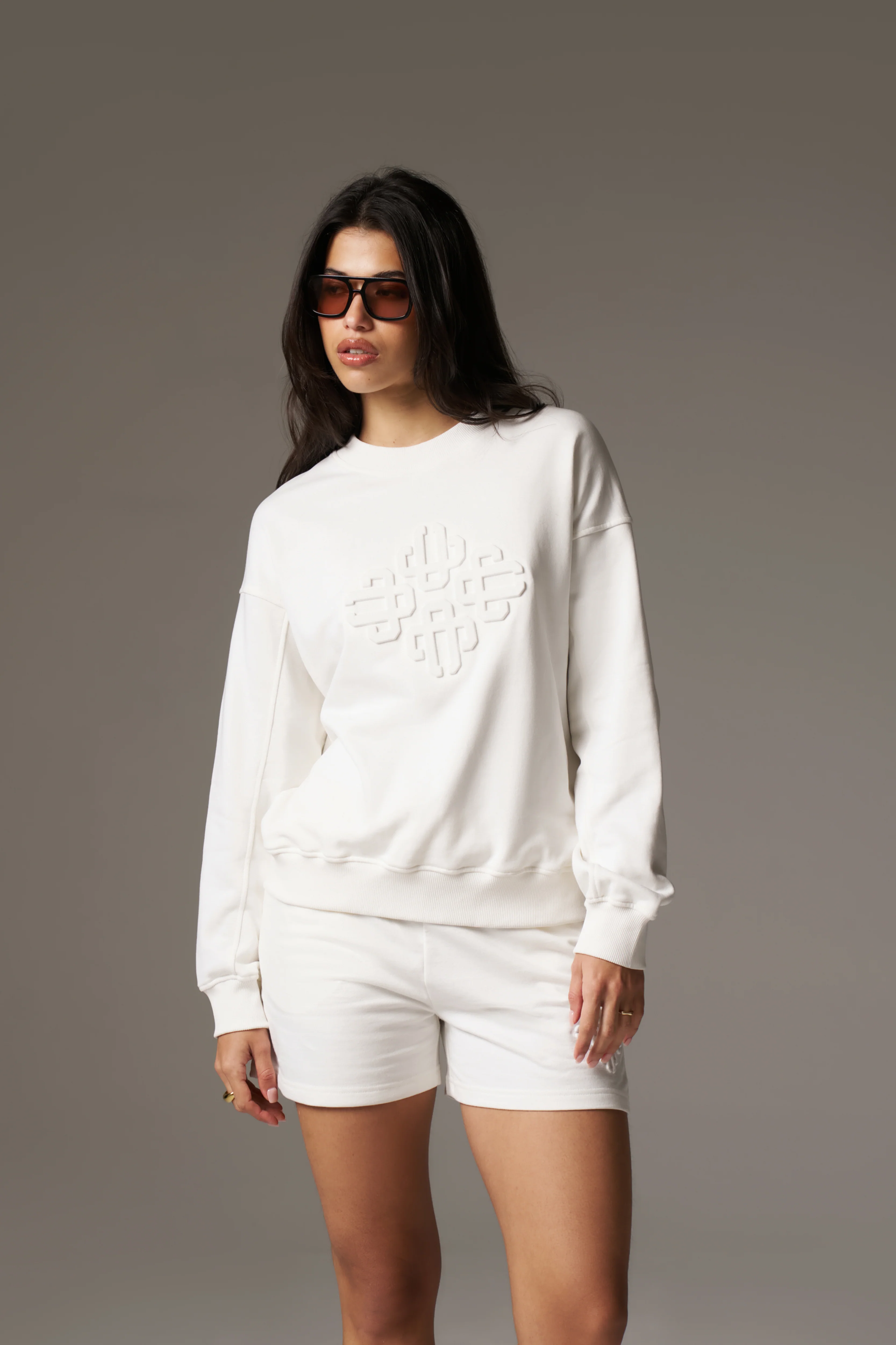 EMBLEM EMBOSSED OVERSIZED SWEATSHIRT - OFF WHITE