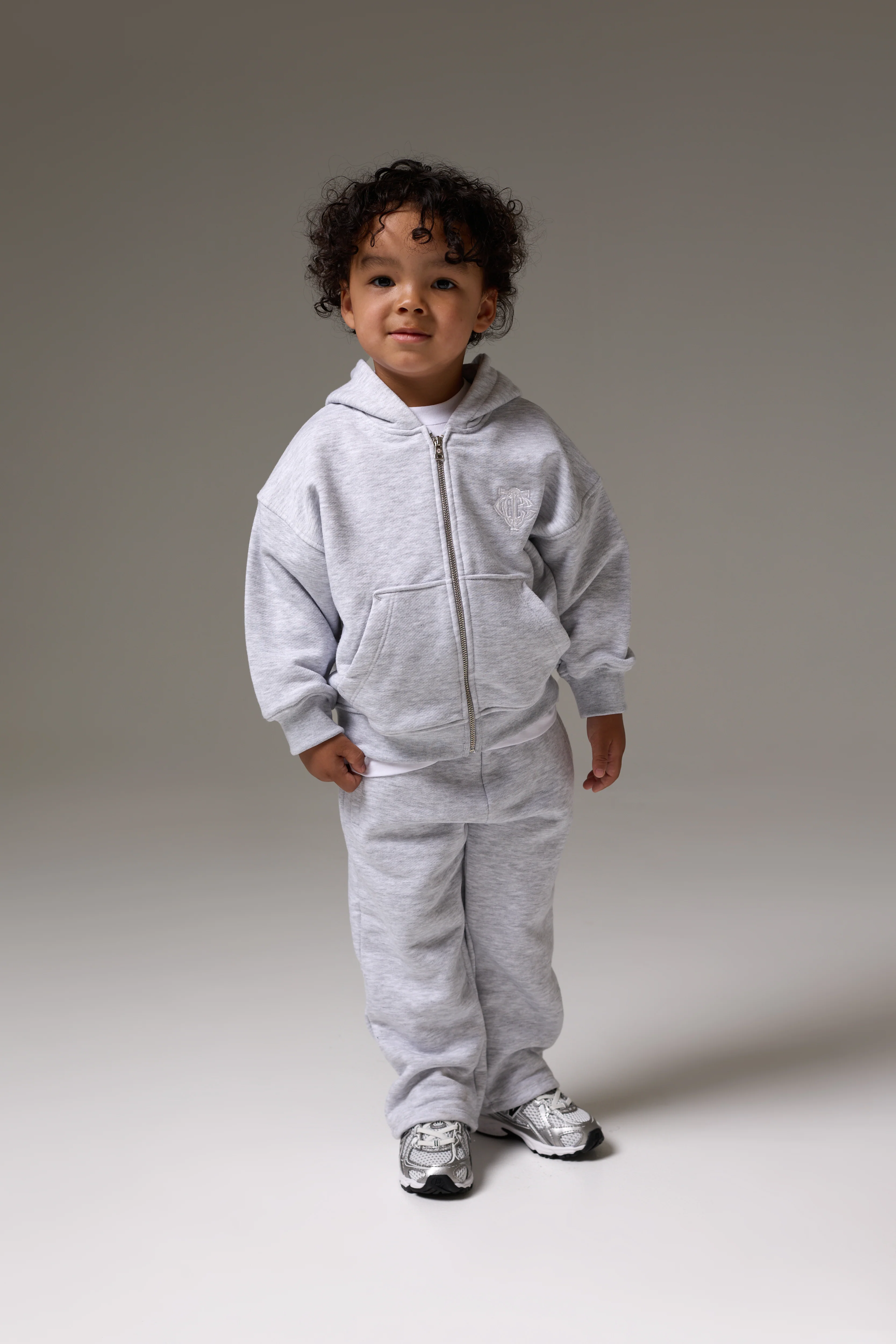 KIDS ZIP THROUGH MONOGRAM EMBLEM APPLIQUE HOODIE - GREY MARL