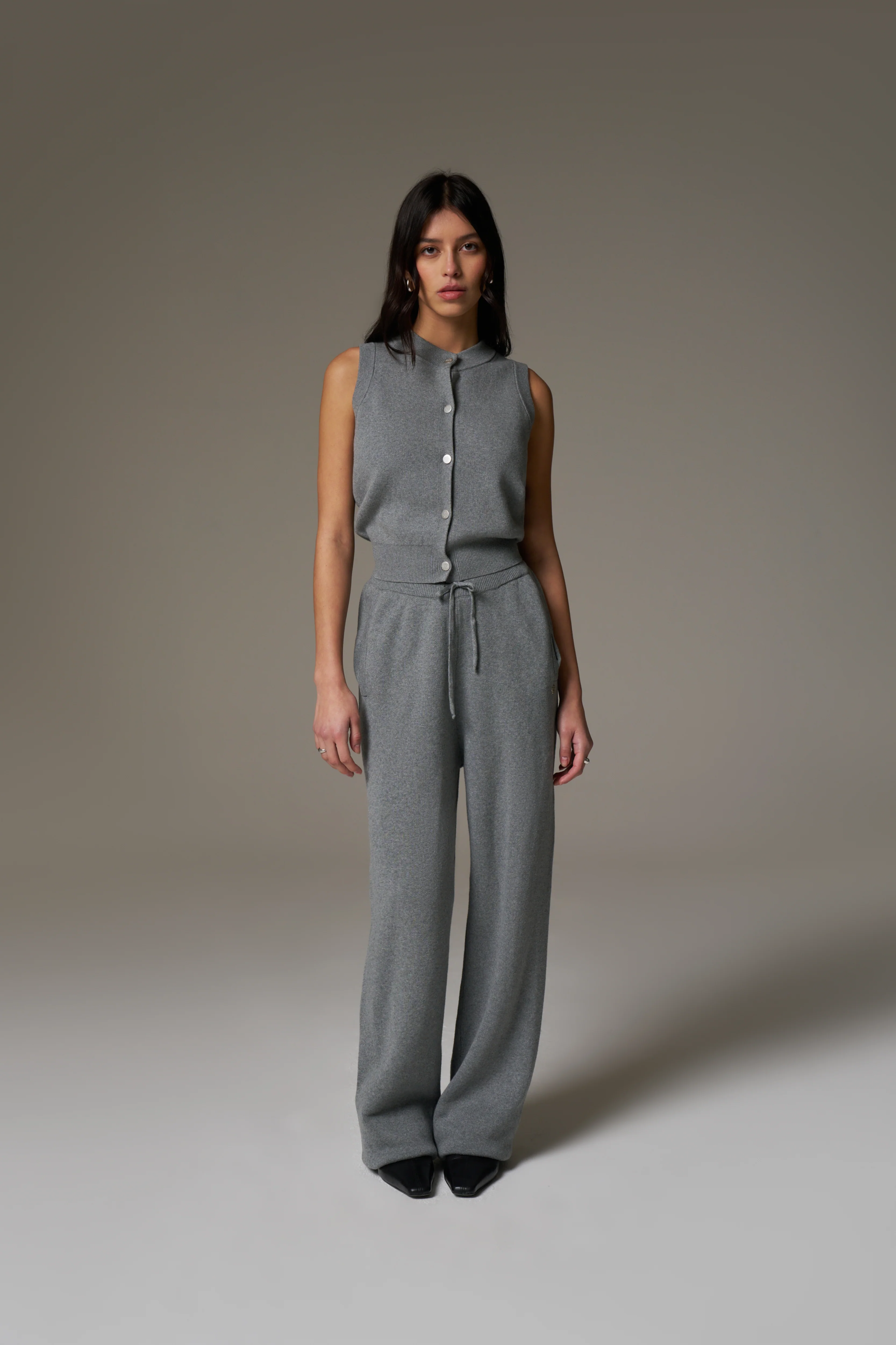 KNIT BUTTON THROUGH TOP - GREY MARL