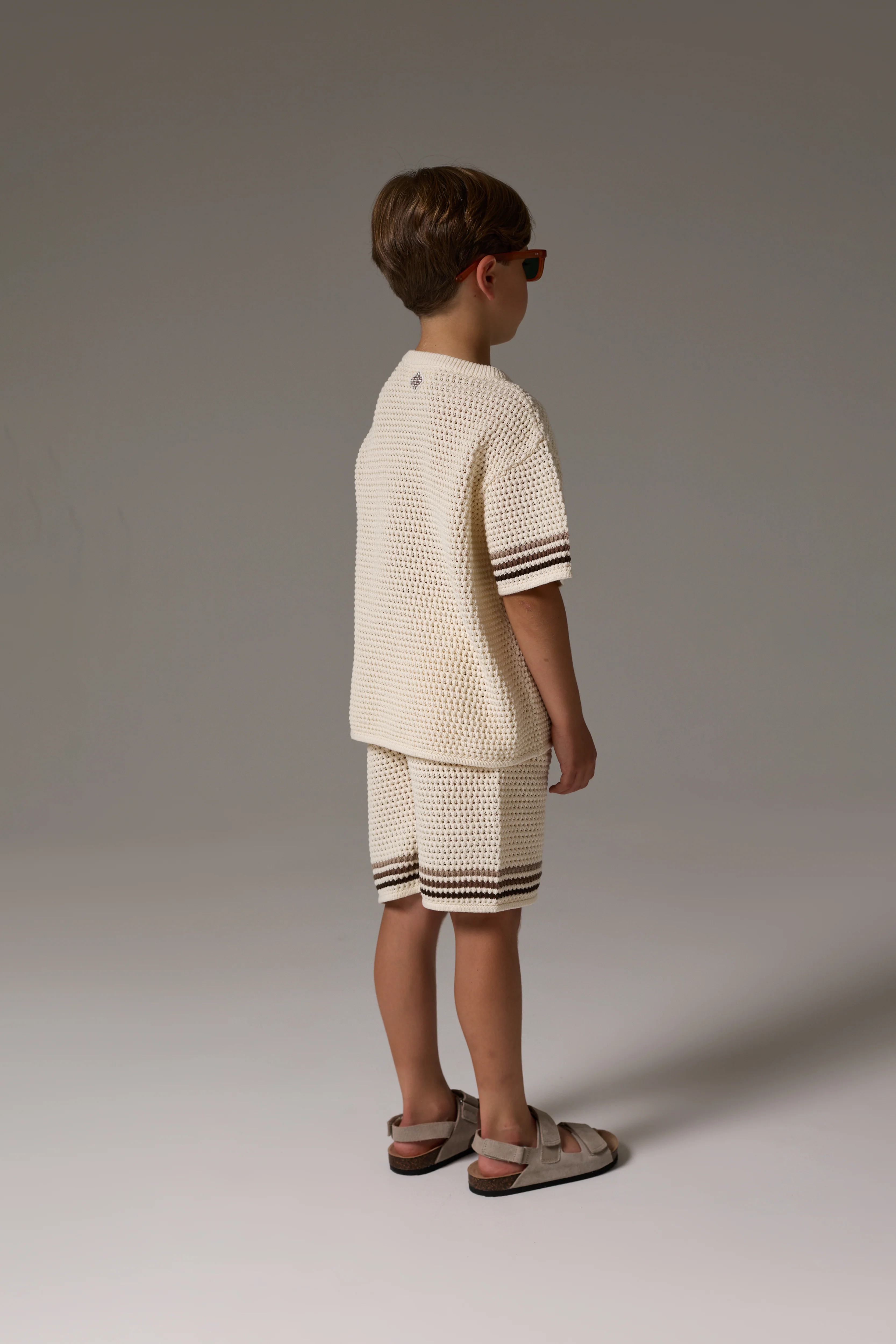 JUNIOR STRIPE CROCHET KNIT SHORTS - OFF WHITE