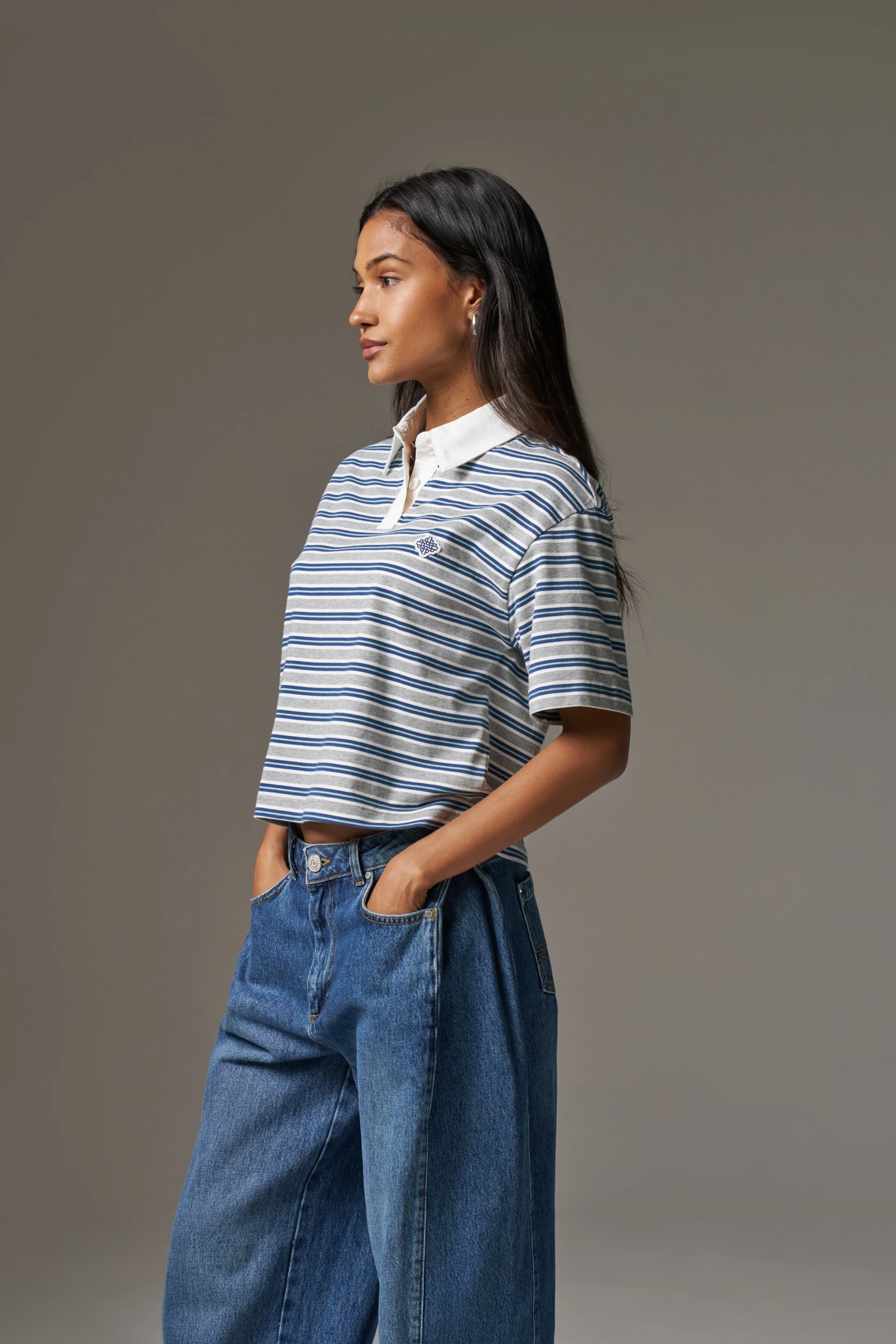 STRIPED POLO TEE - GREY