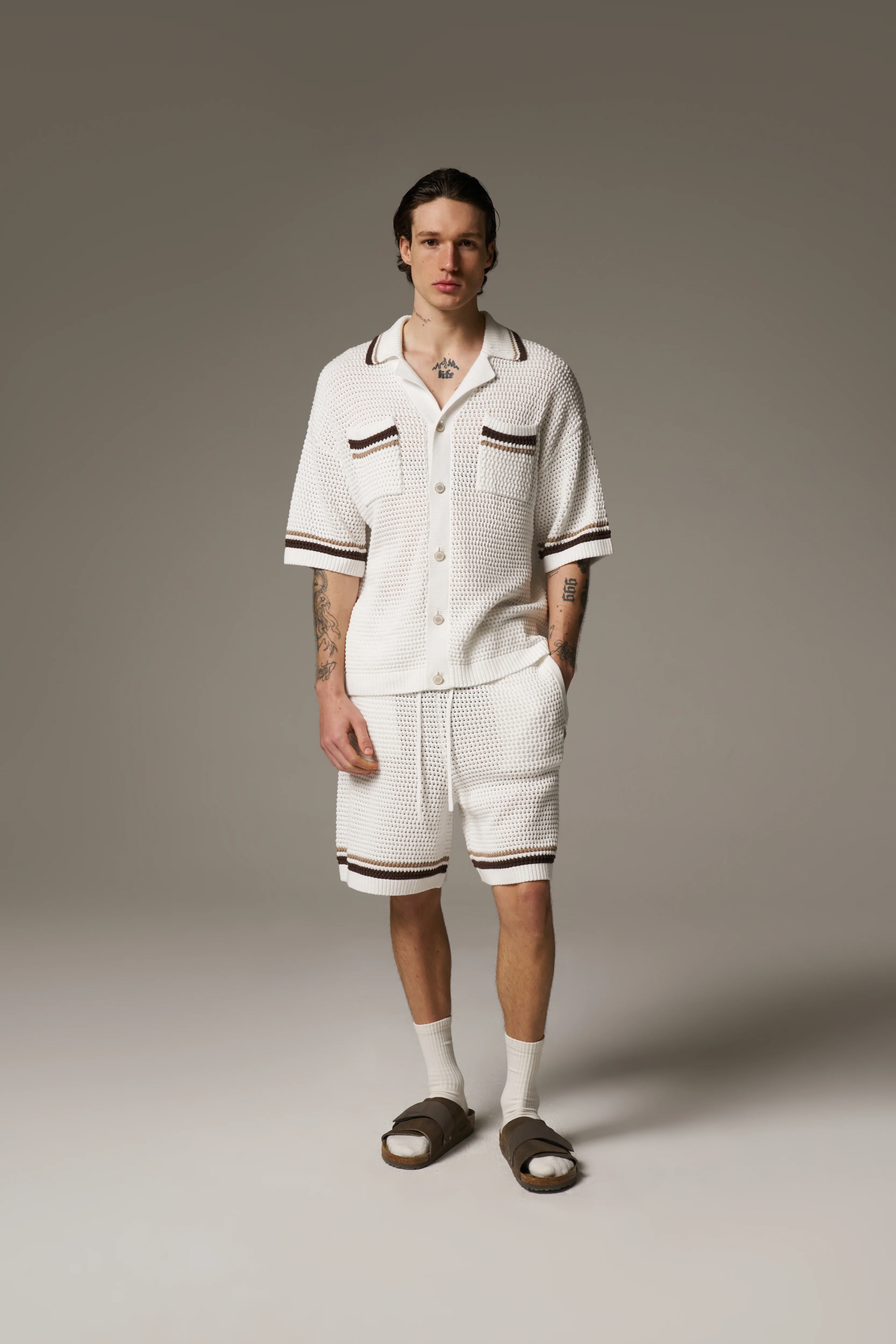 CROCHET KNITTED STRIPE SHIRT - WHITE/BROWN