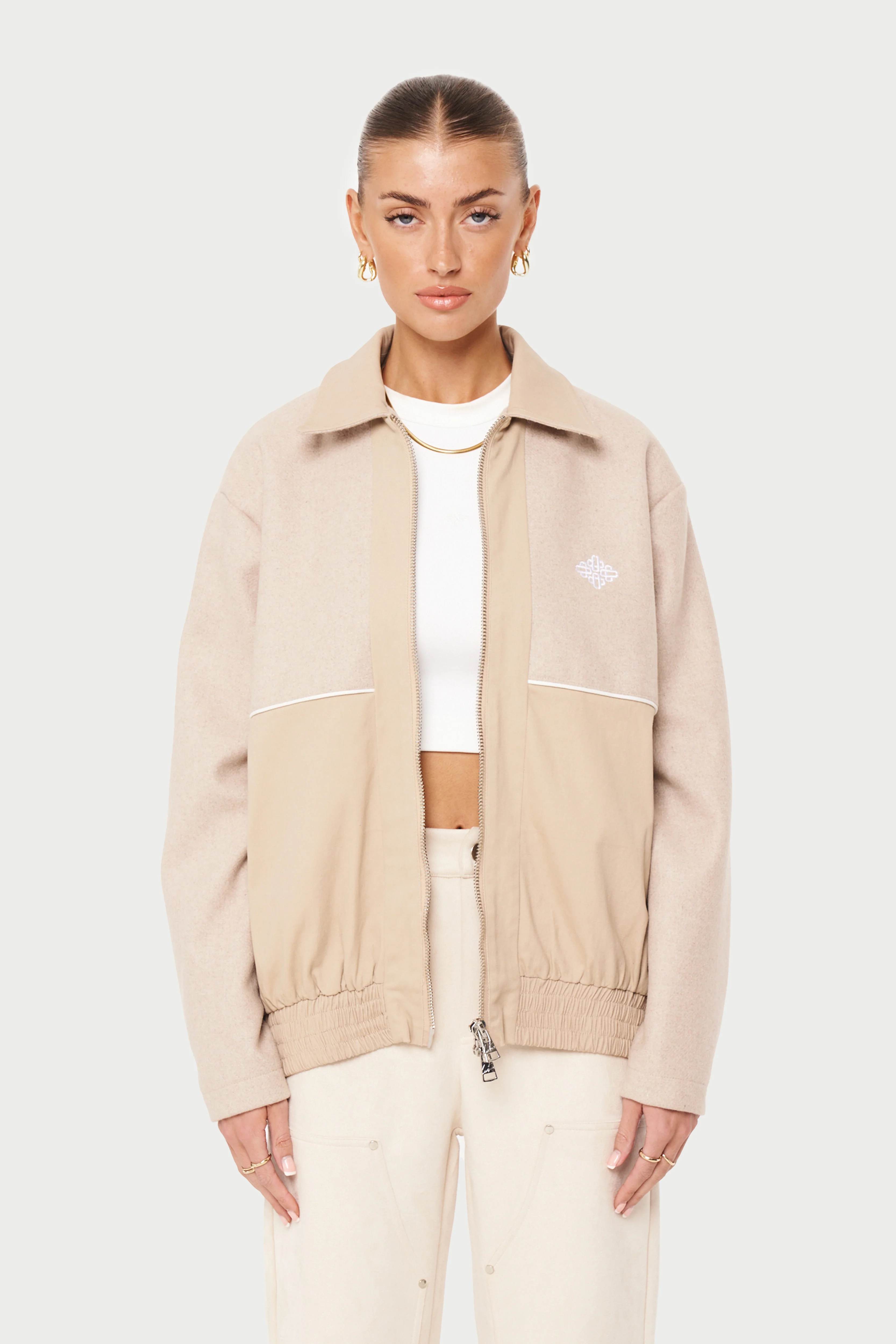 TWEED PANELLED BOMBER JACKET - BEIGE