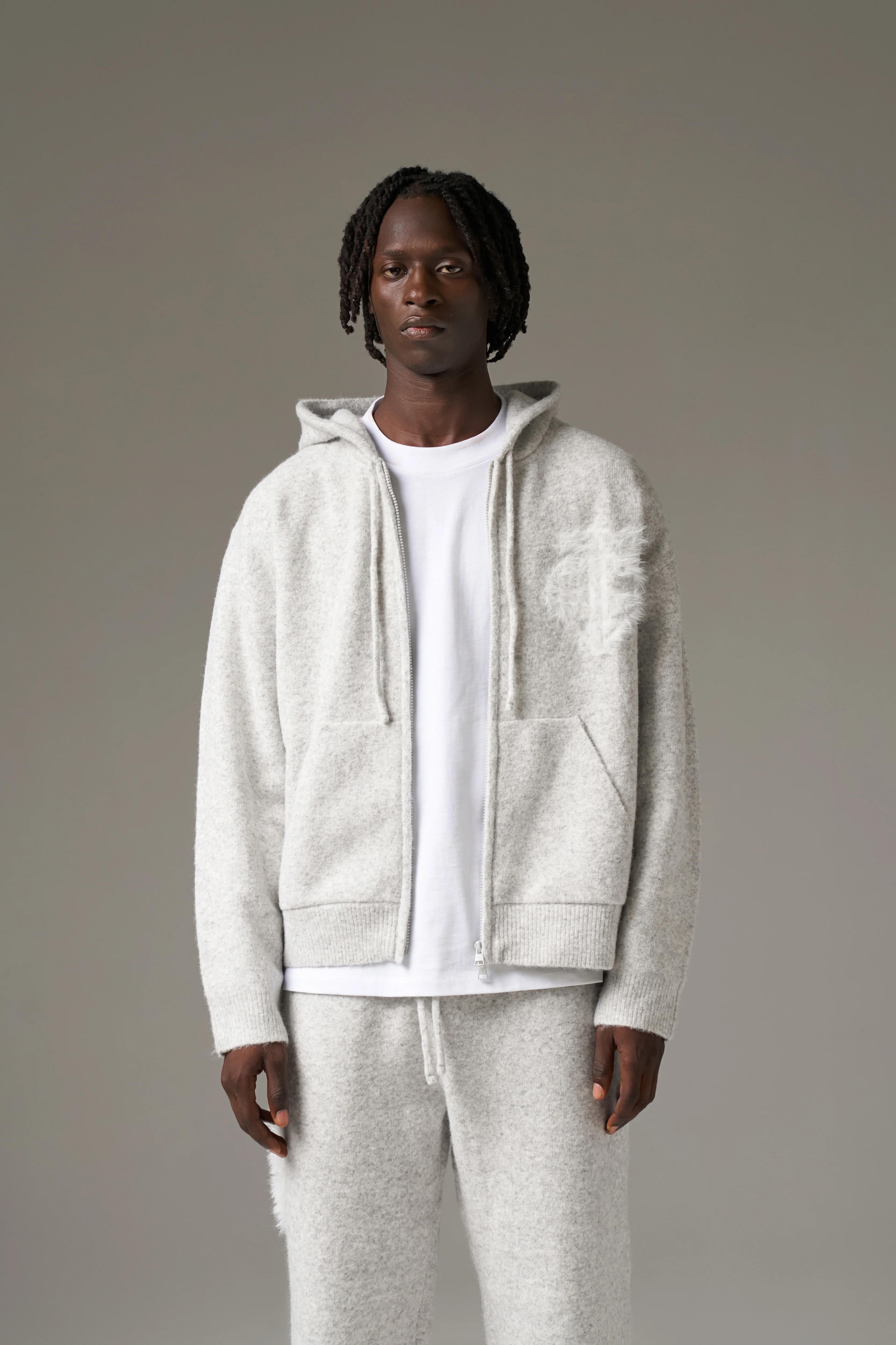 MONOGRAM EMBLEM FLUFFY KNIT ZIP THROUGH HOODIE - GREY MARL