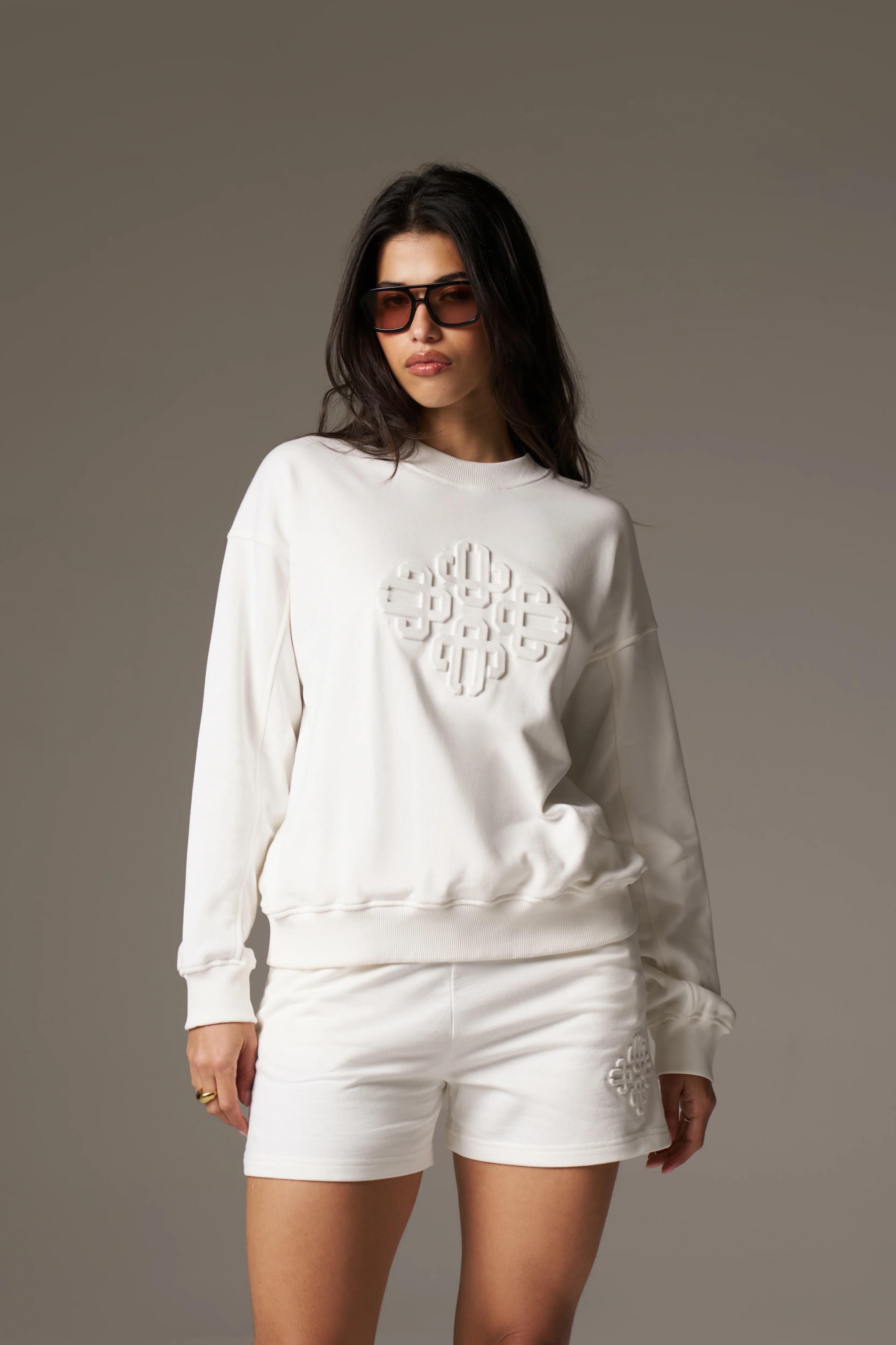 EMBLEM EMBOSSED OVERSIZED SWEATSHIRT - OFF WHITE