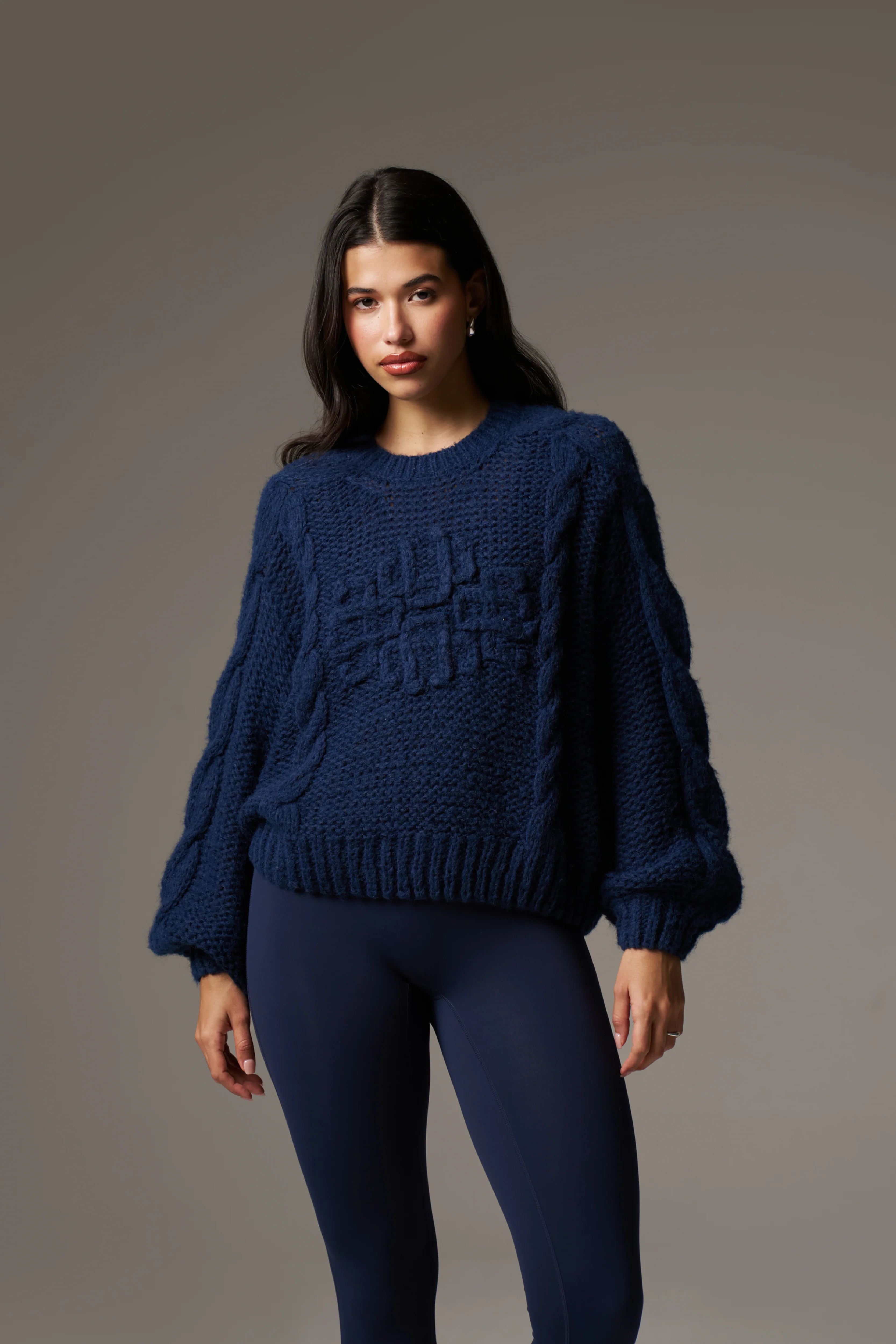 EMBLEM PLAITED OVERSIZED KNIT JUMPER - NAVY
