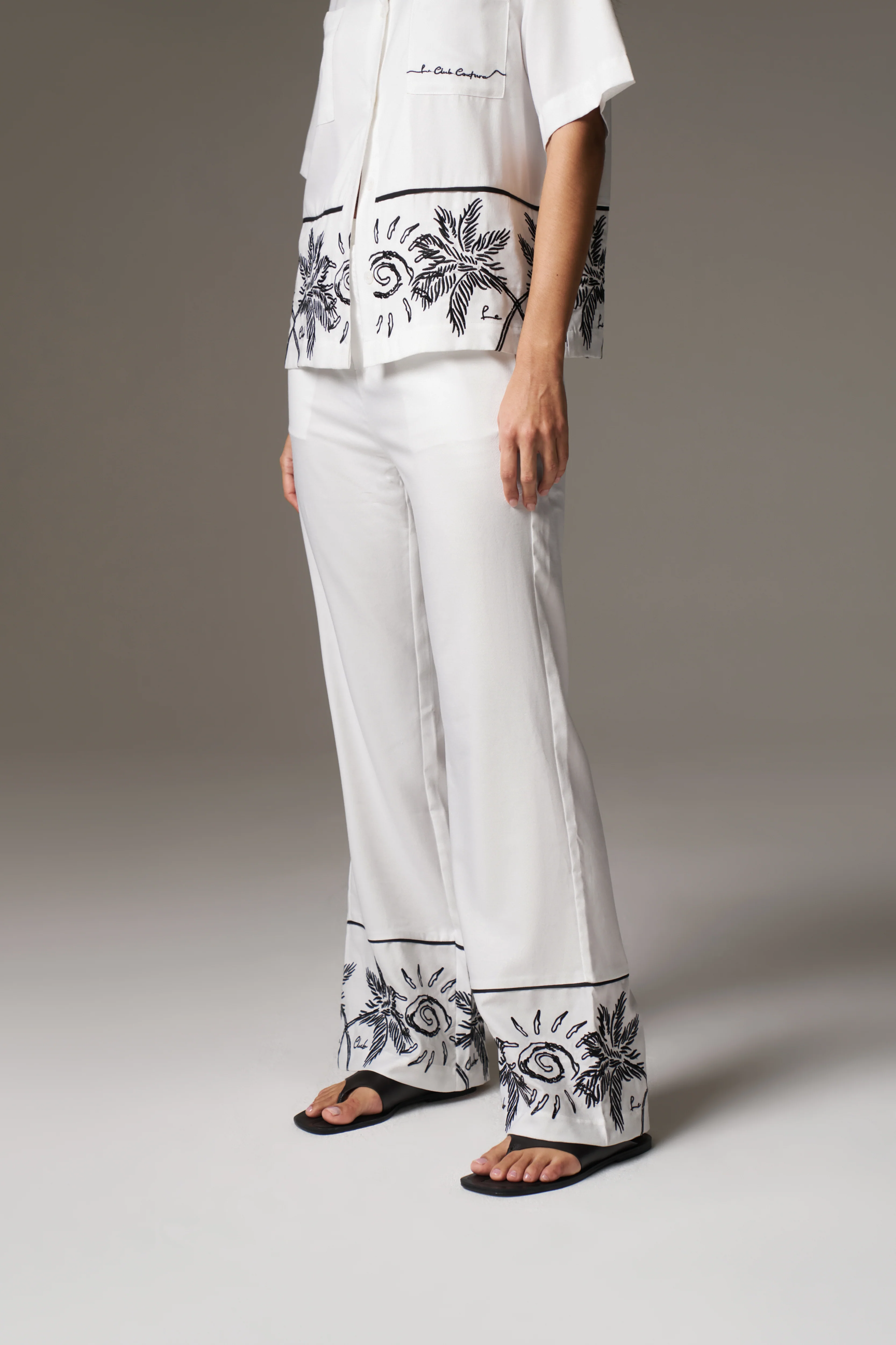 PALM EMBROIDERY WIDE LEG TROUSERS - WHITE