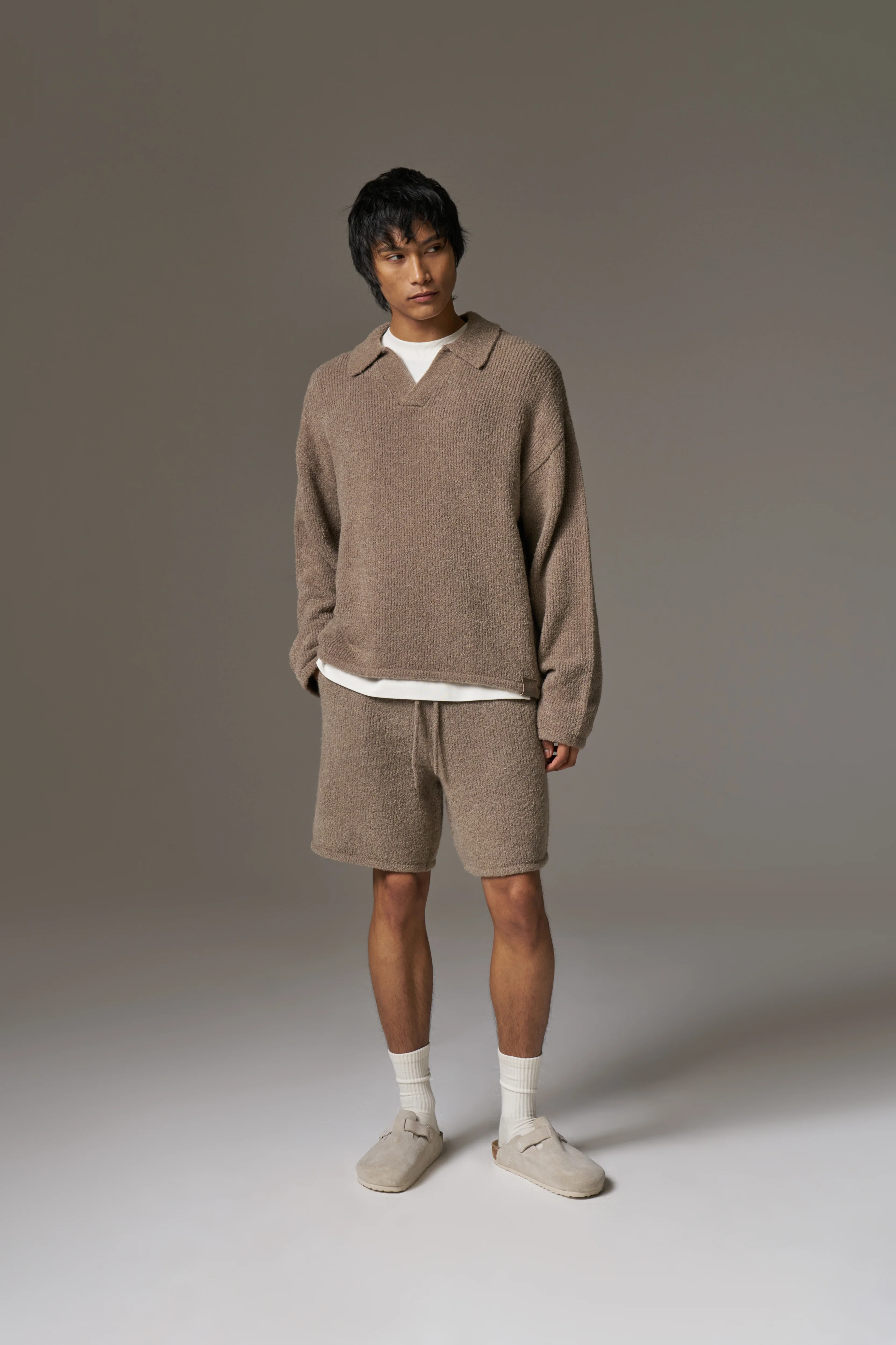 BOUCLE KNIT LONG SLEEVE POLO - BROWN