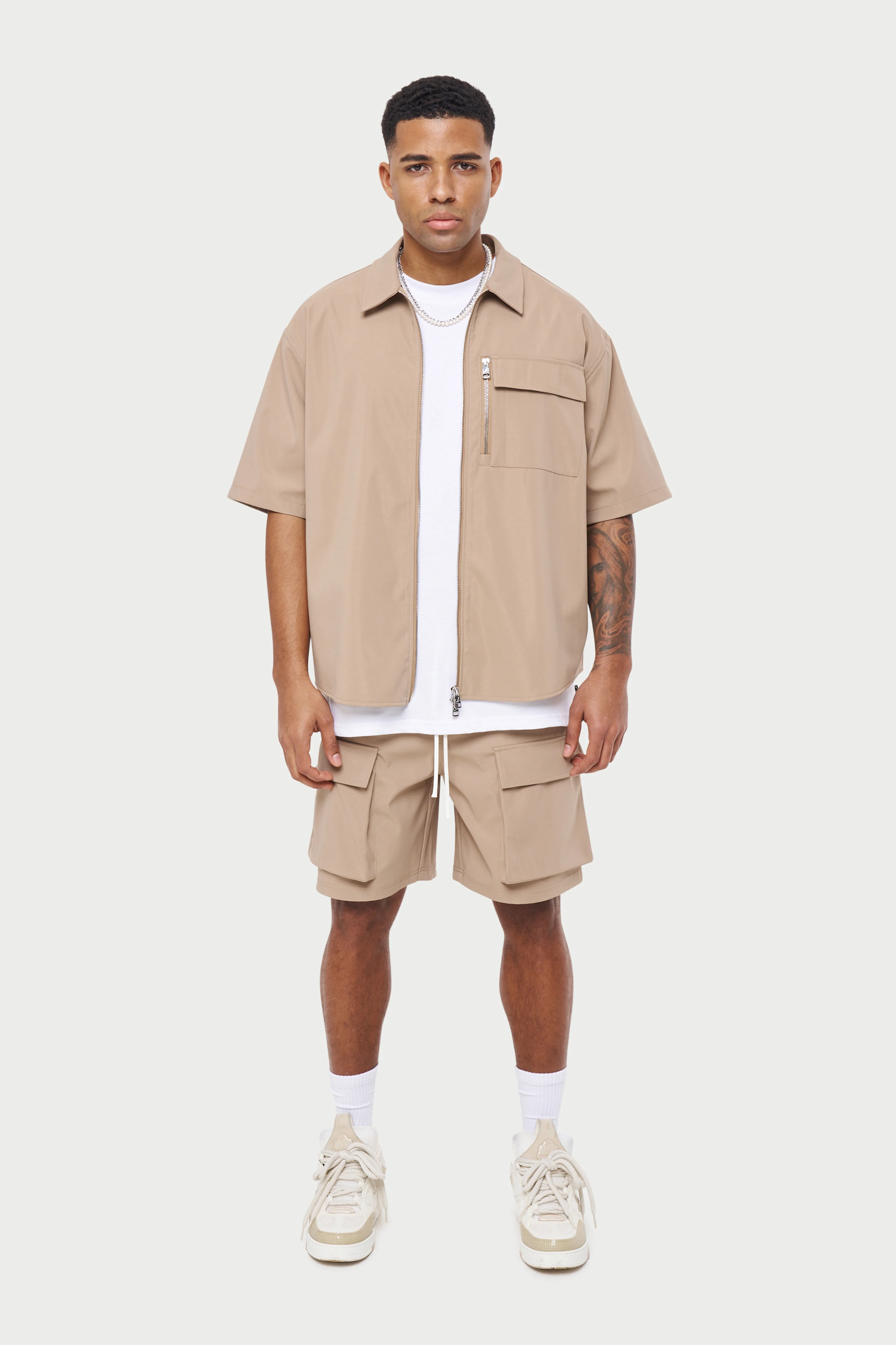 TECHNICAL HEAVYWEIGHT ZIP OVERSHIRT - BEIGE