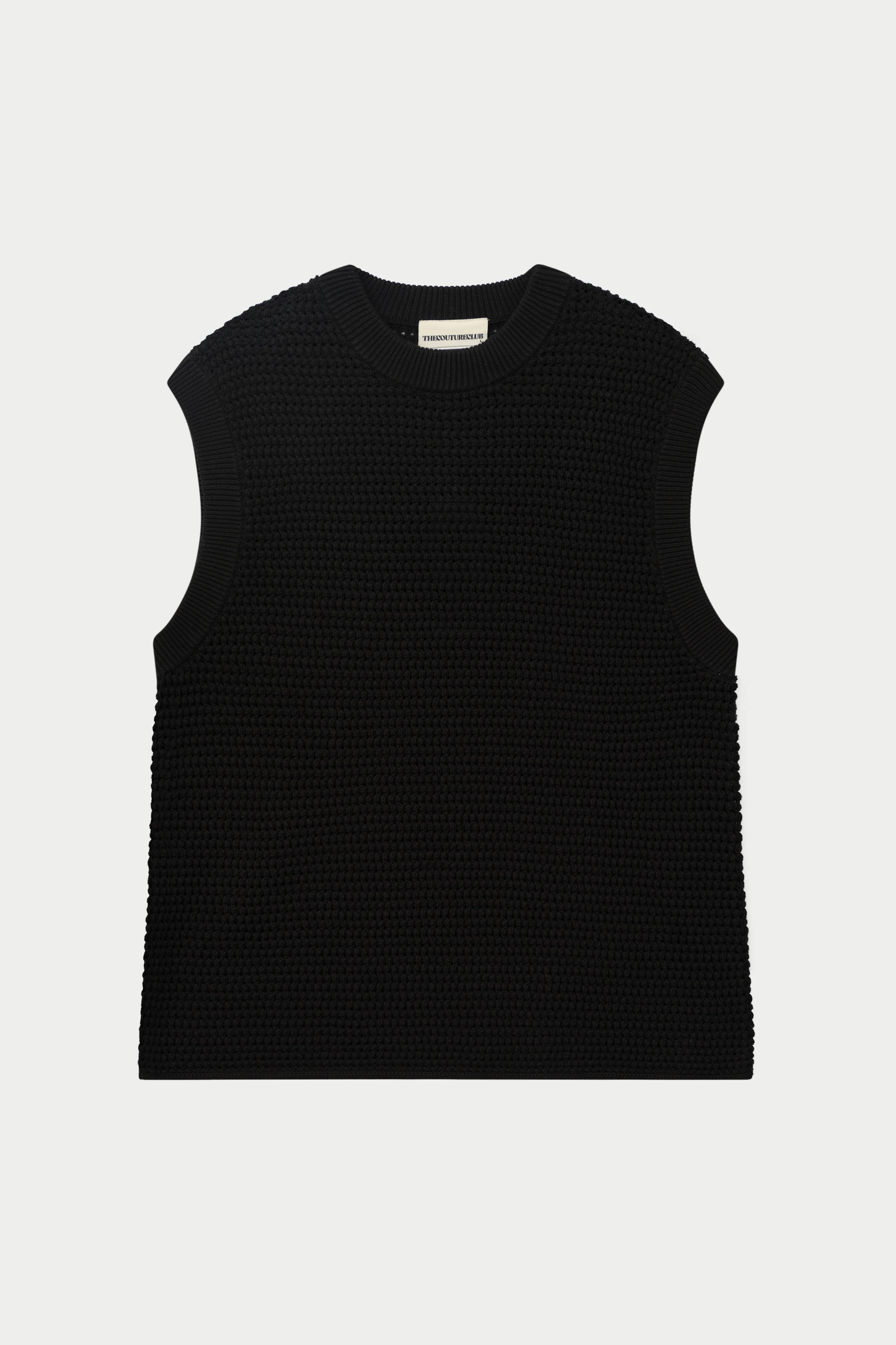 STRIPE CROCHET KNIT VEST - BLACK