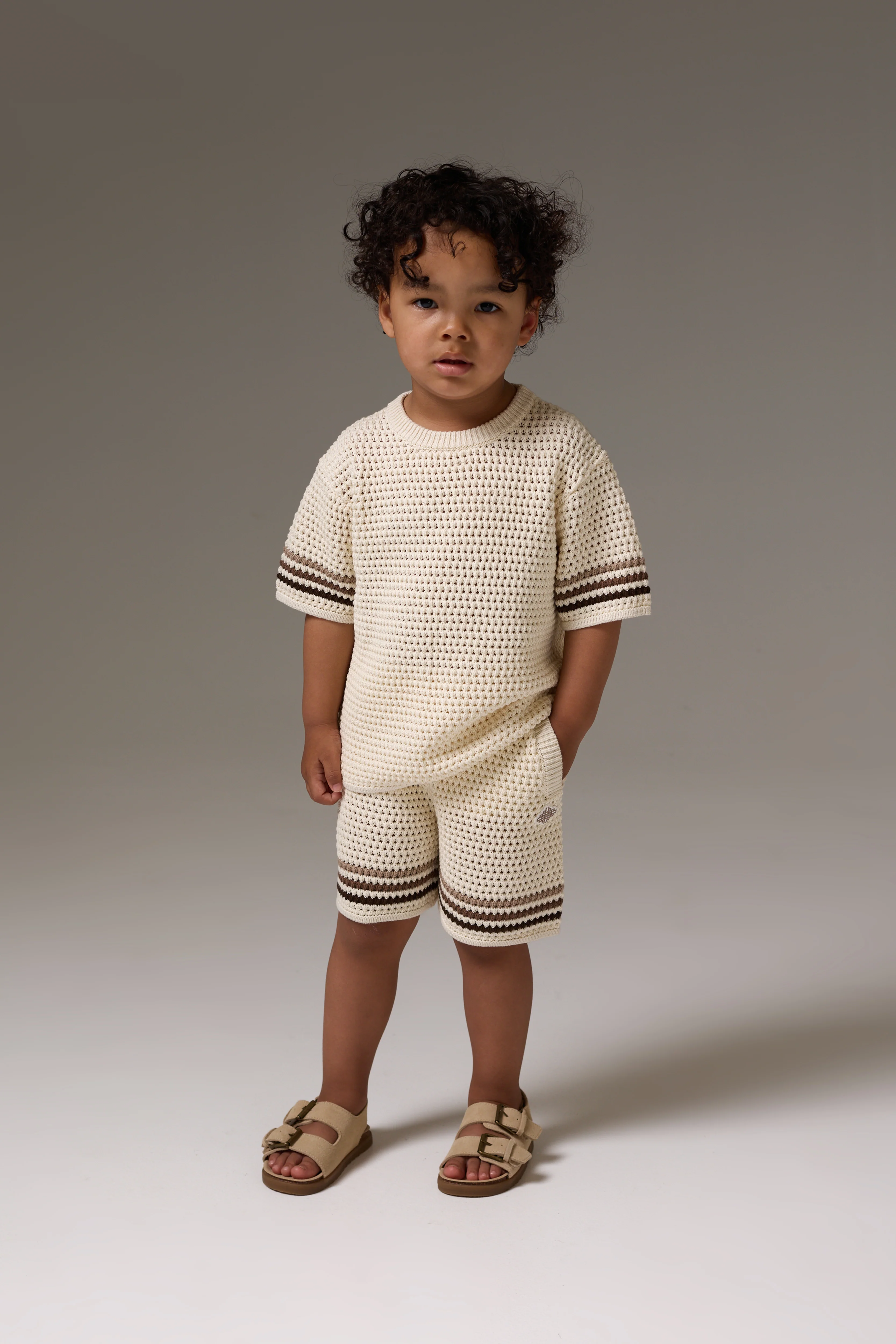 KIDS STRIPE CROCHET KNIT SHORTS - OFF WHITE