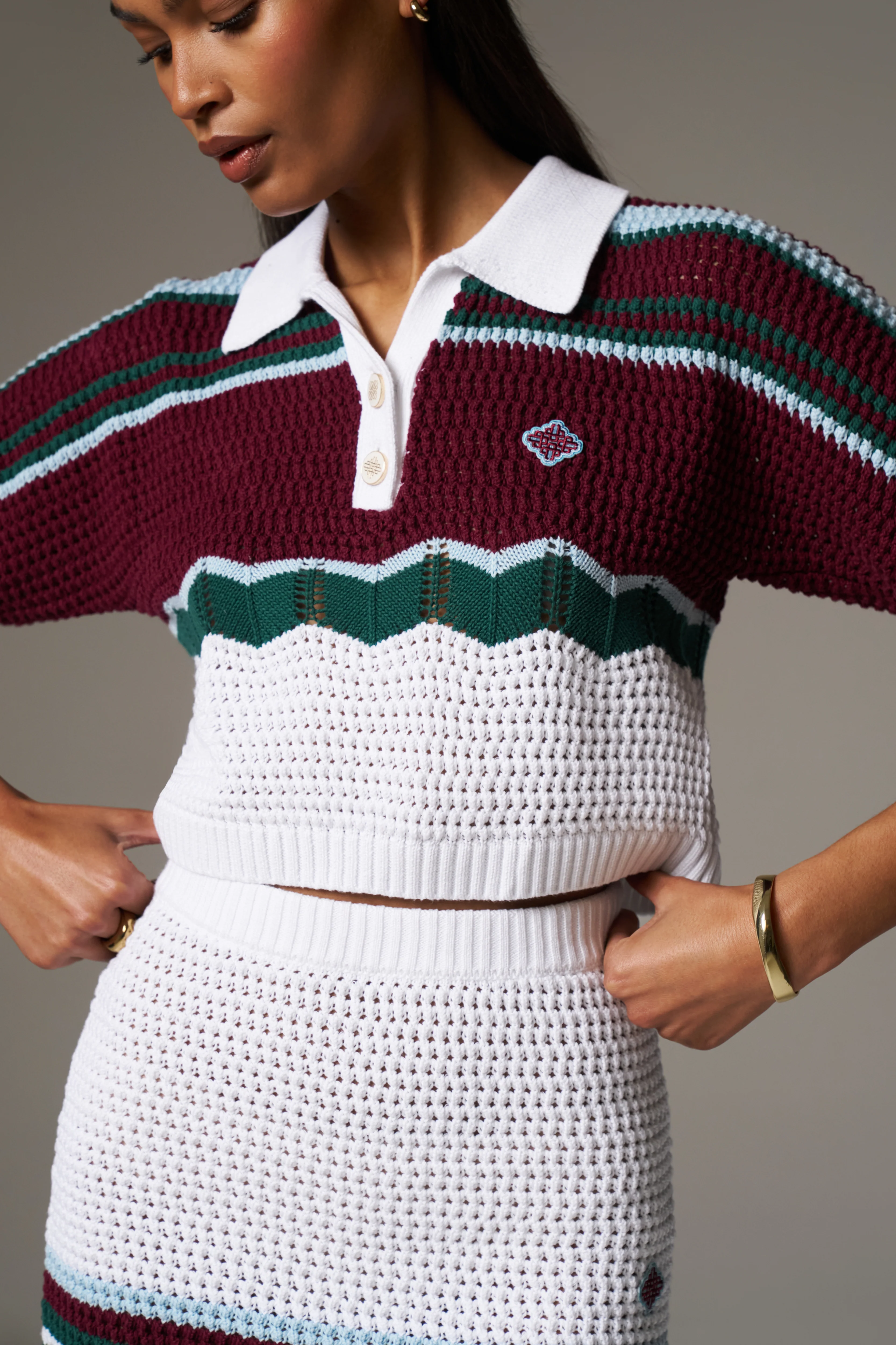 STRIPE CROCHET KNITTED OPEN COLLAR SHIRT - BURGUNDY