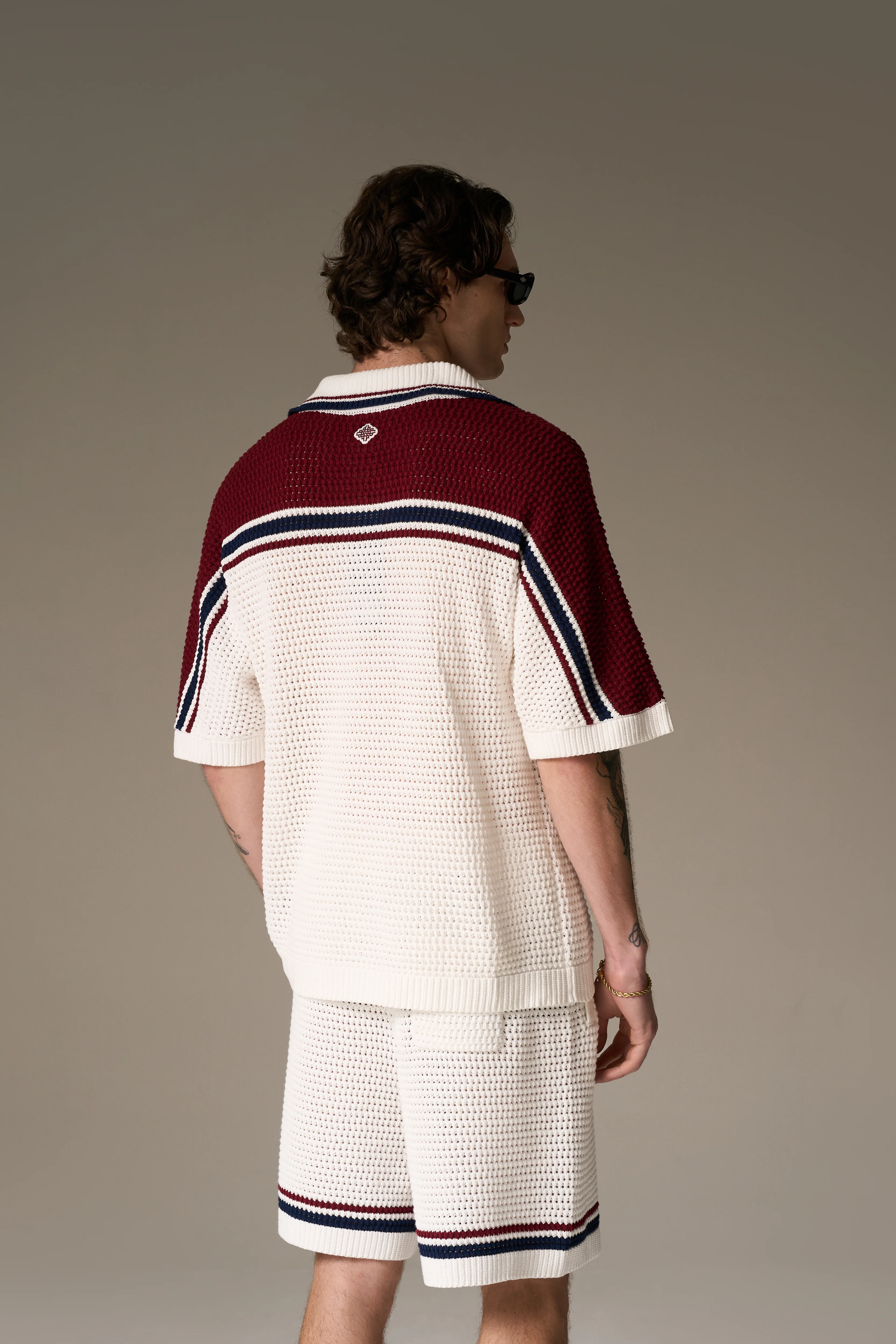 COLOUR BLOCK KNITTED STRIPE SHIRT - BURGUNDY