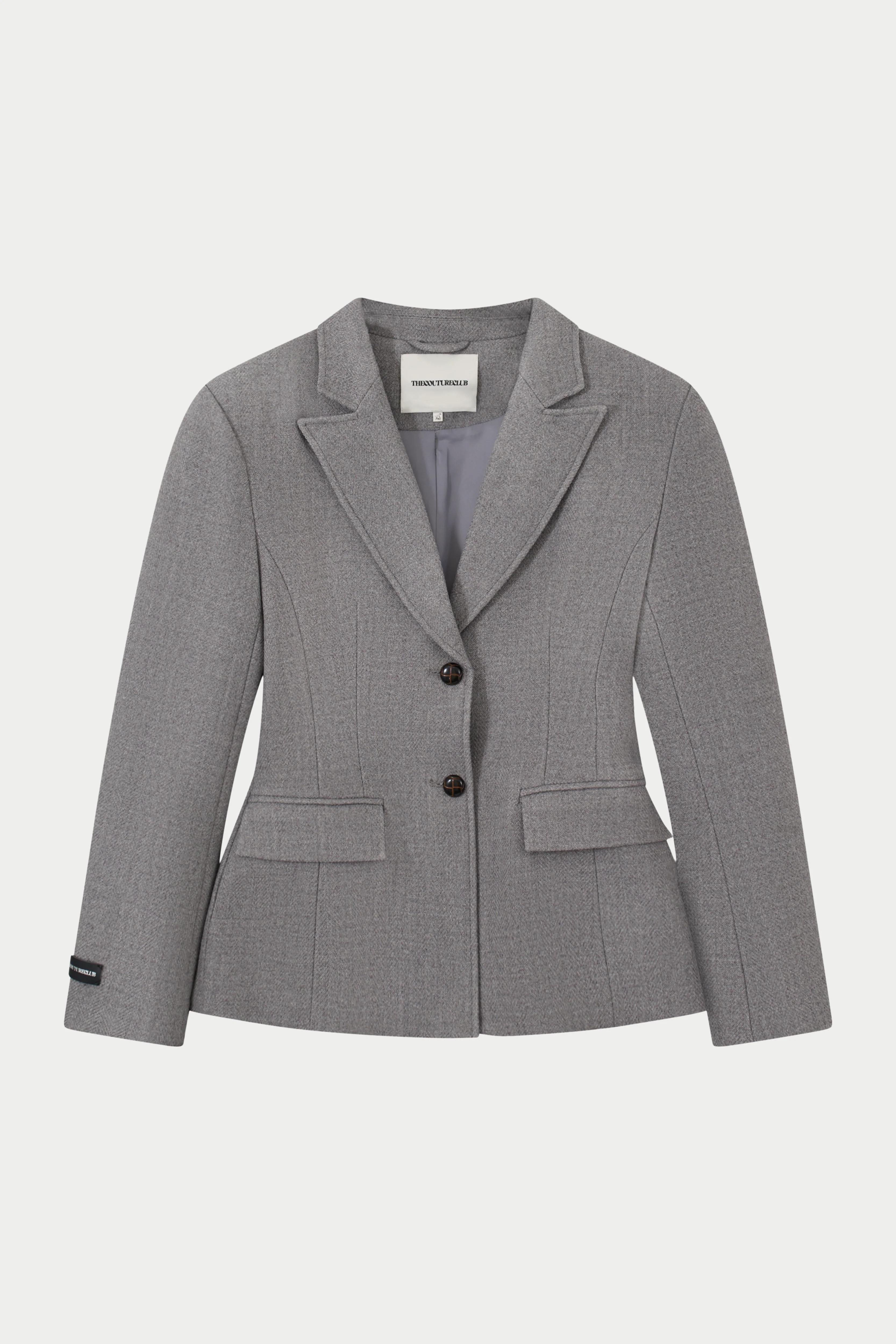 HERRINGBONE CINCHED WAIST TAILORED BLAZER - GREY