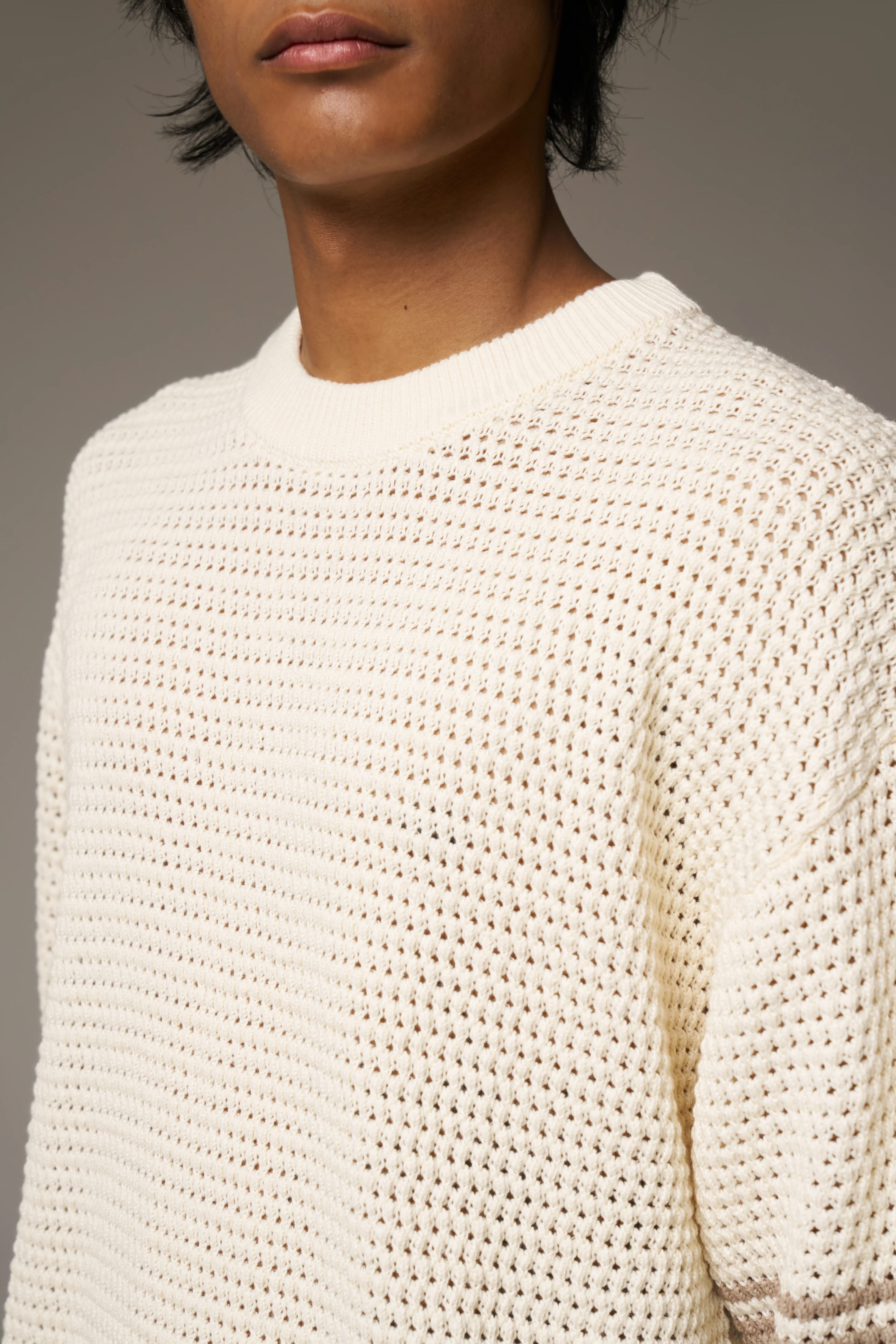 CROCHET KNITTED CONTRAST STRIPE T-SHIRT - OFF WHITE