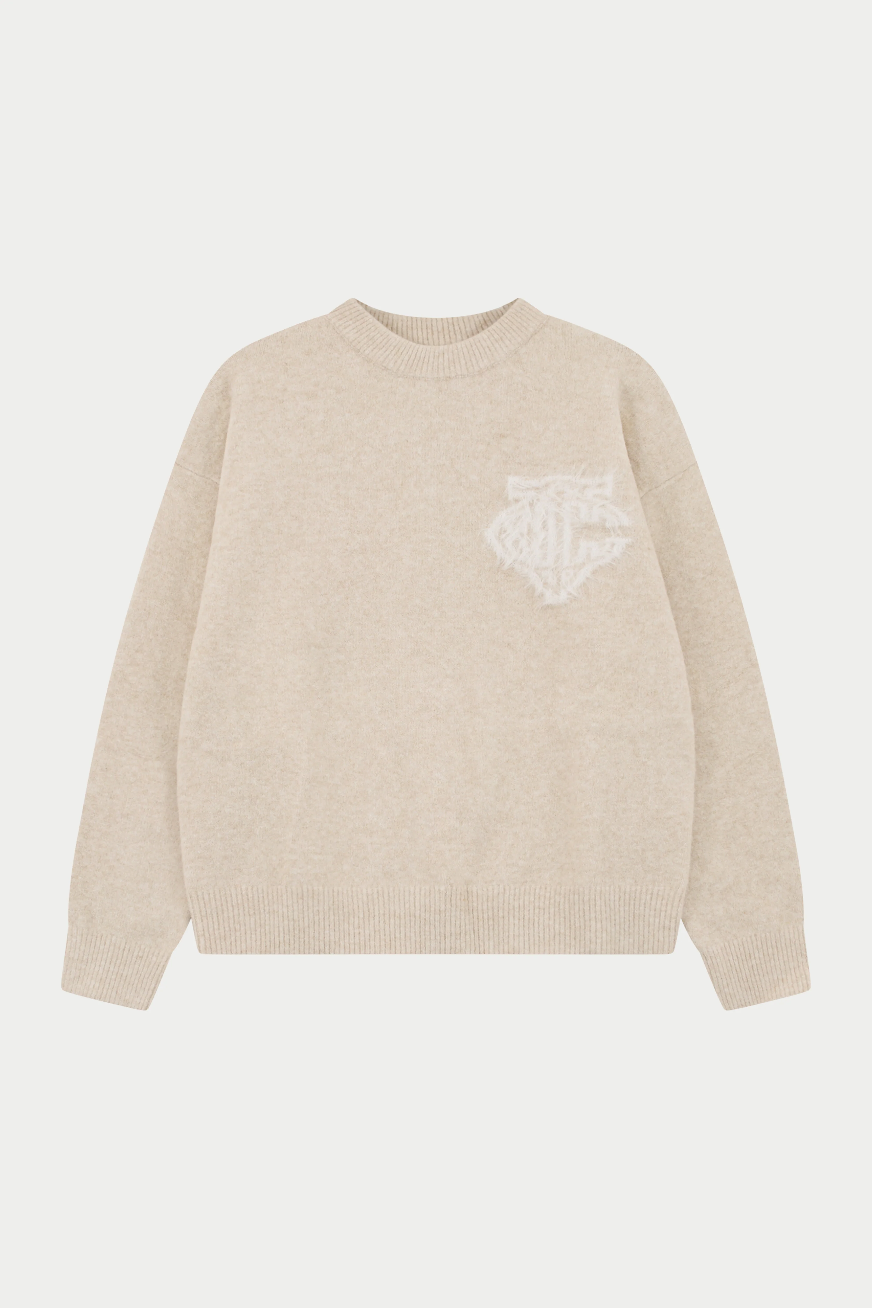 MONOGRAM EMBLEM FLUFFY KNIT CREW - BEIGE