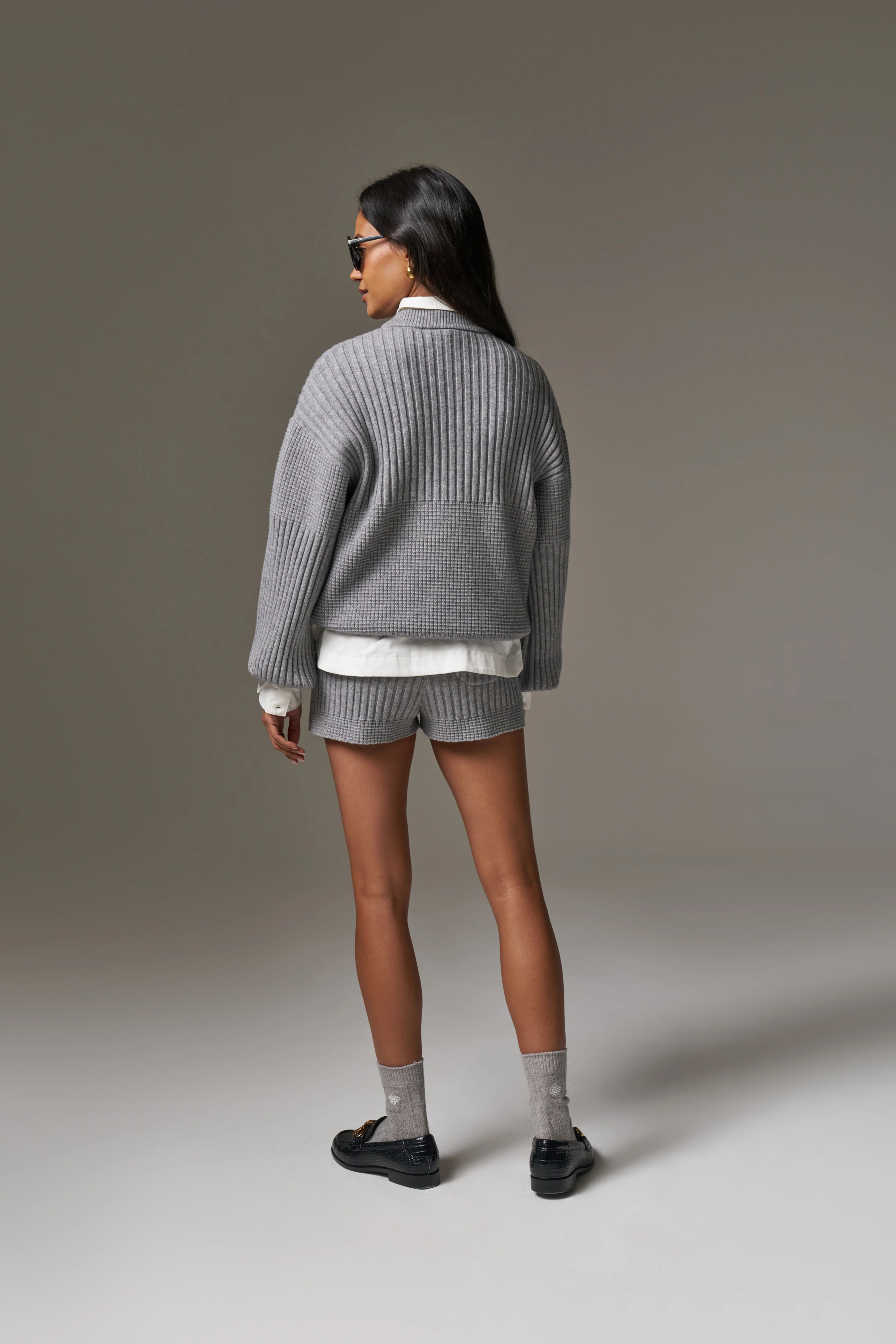 CONTRAST KNIT OVERSIZED CREW - GREY MARL