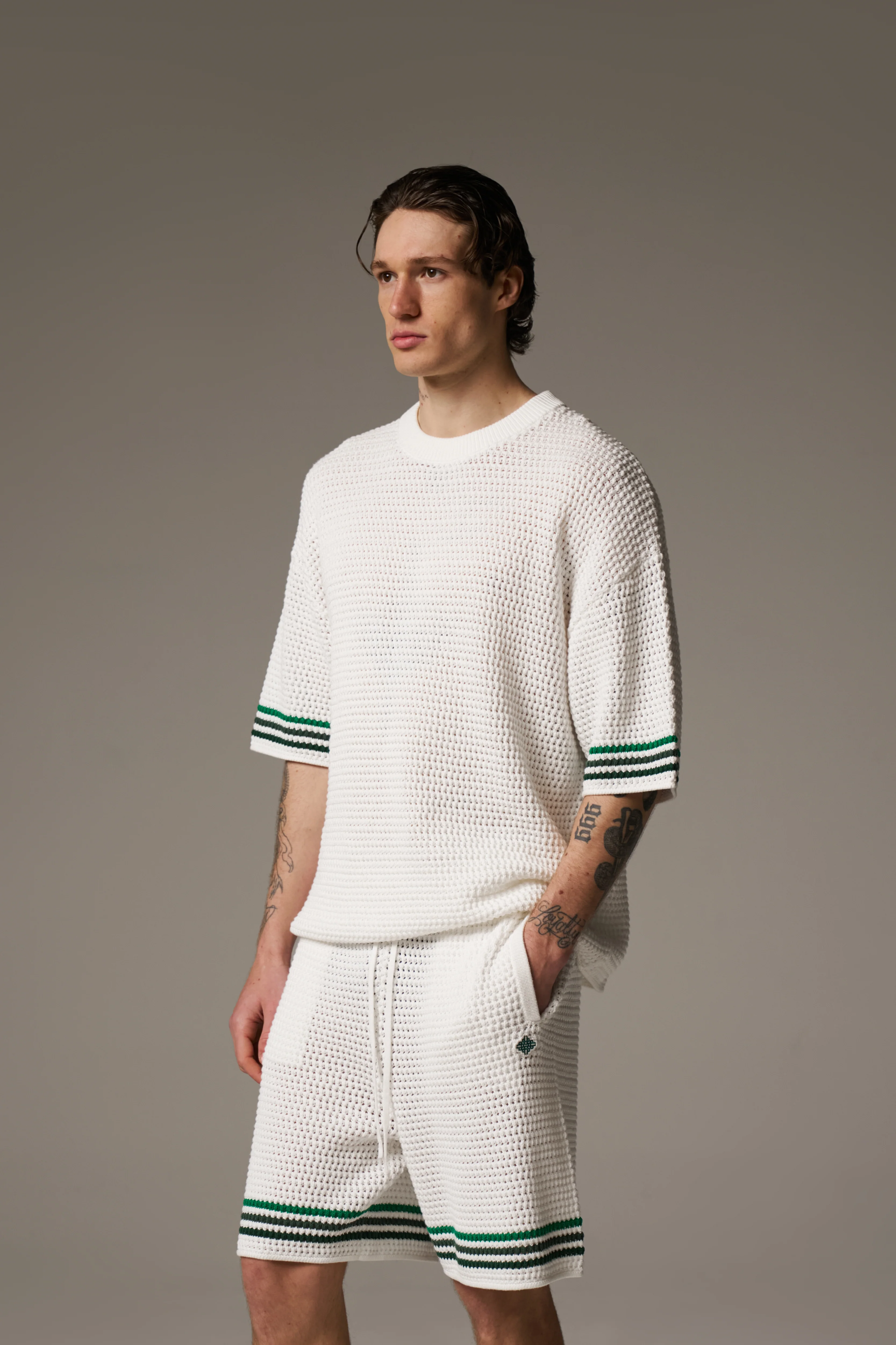 STRIPE CROCHET KNIT T-SHIRT - WHITE