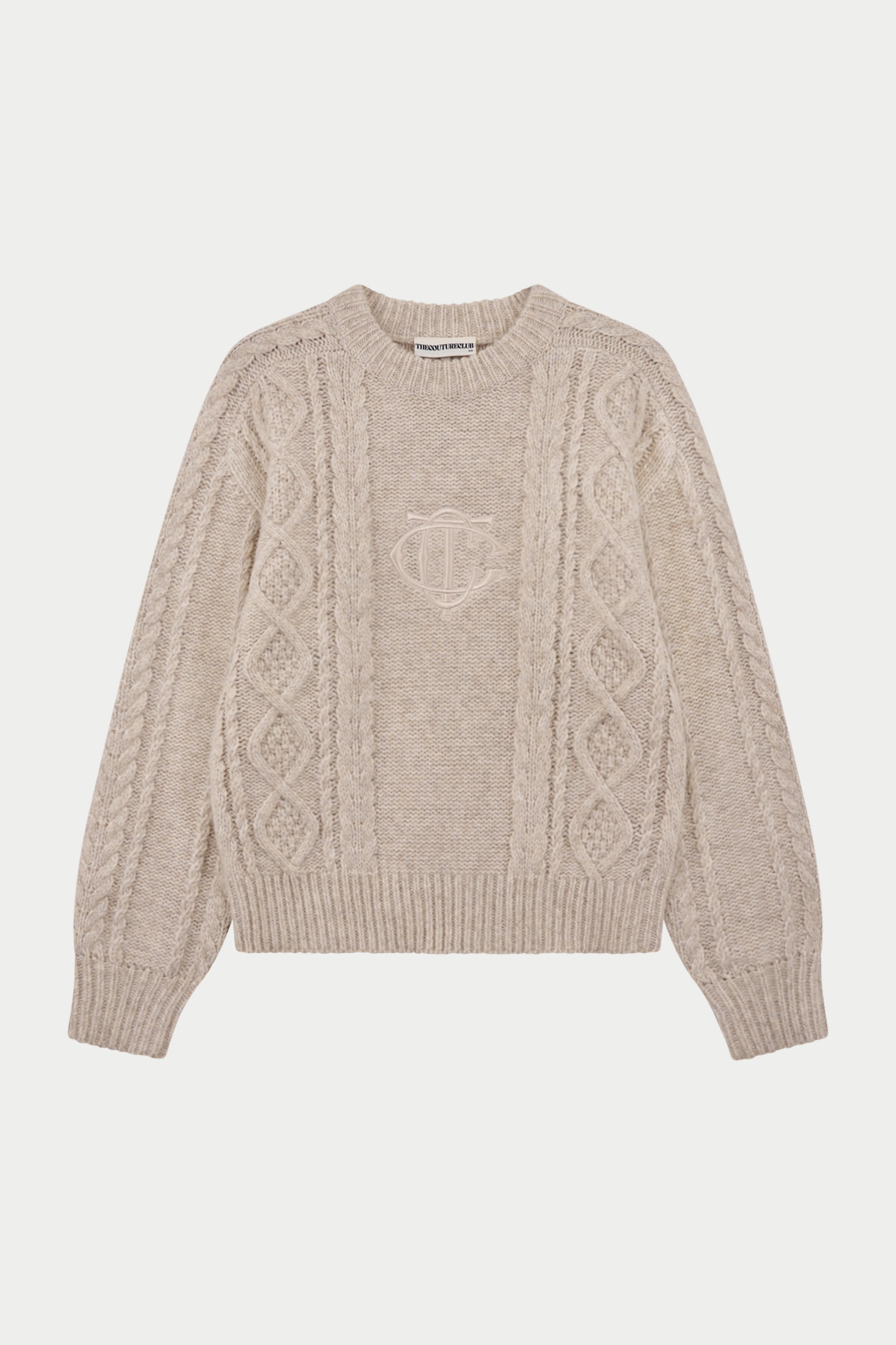 CABLE KNIT EMBROIDERED EMBLEM JUMPER - OAT