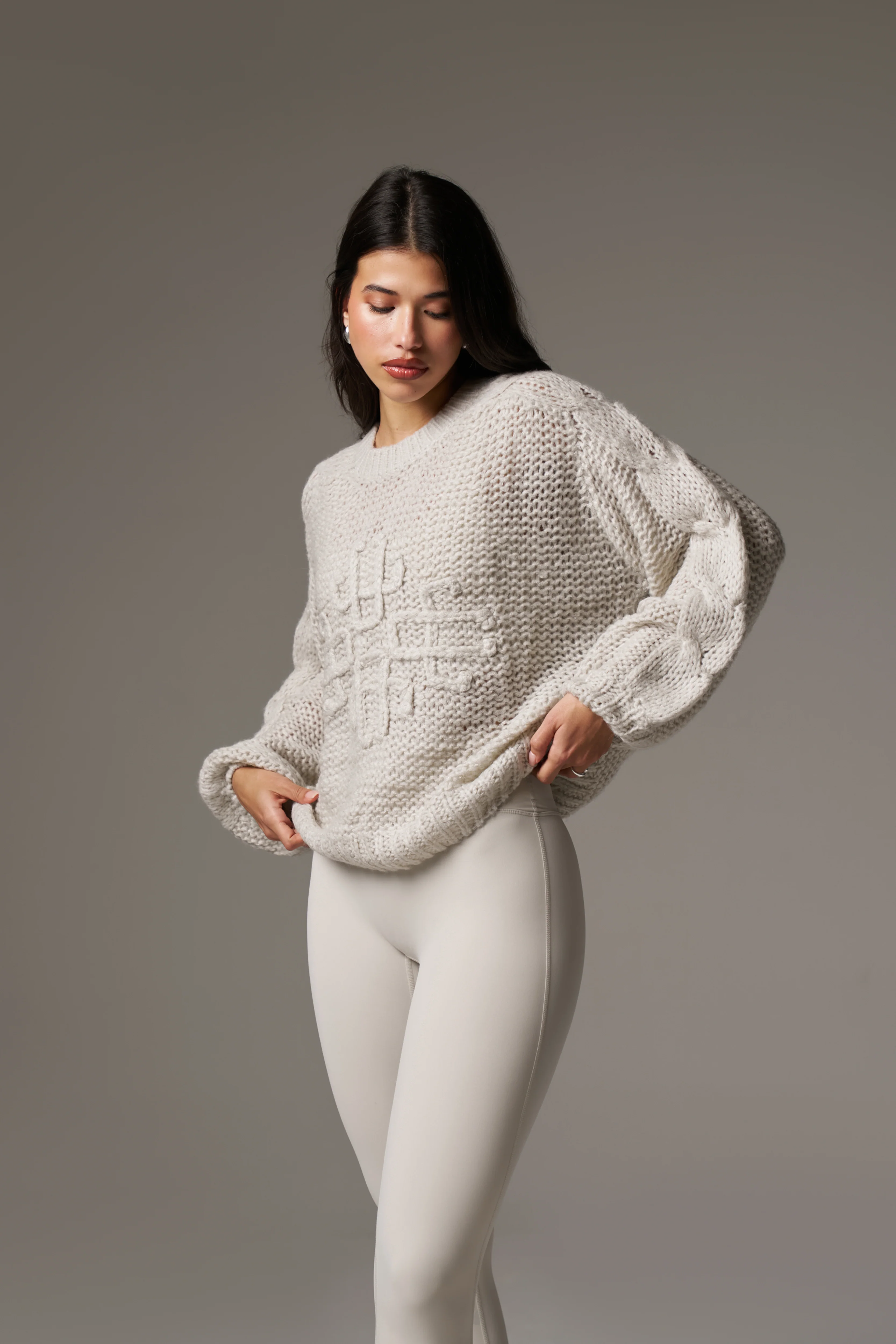 EMBLEM PLAITED OVERSIZED KNIT JUMPER - STONE