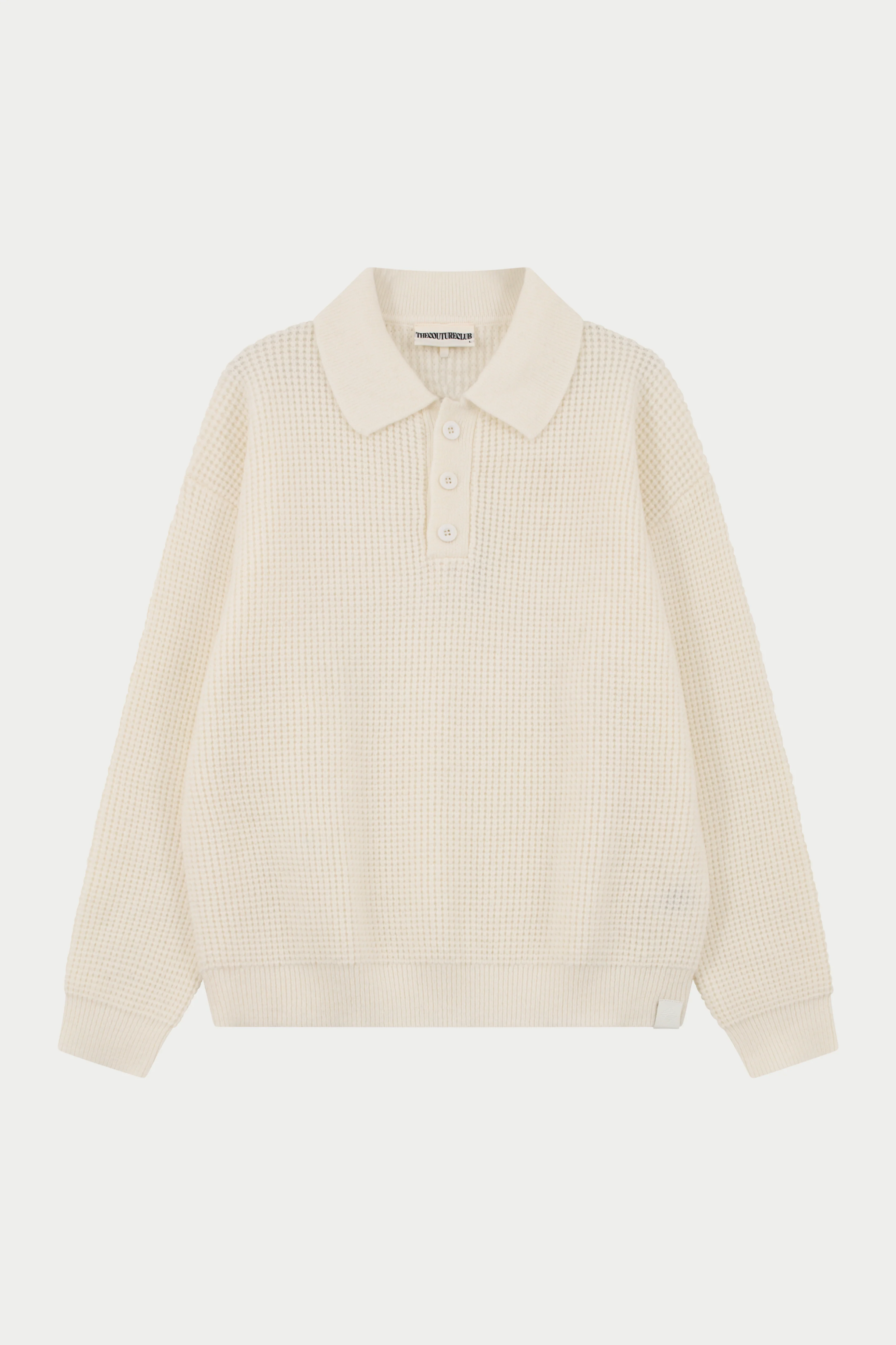 WAFFLE KNIT LONG SLEEVE POLO - WHITE
