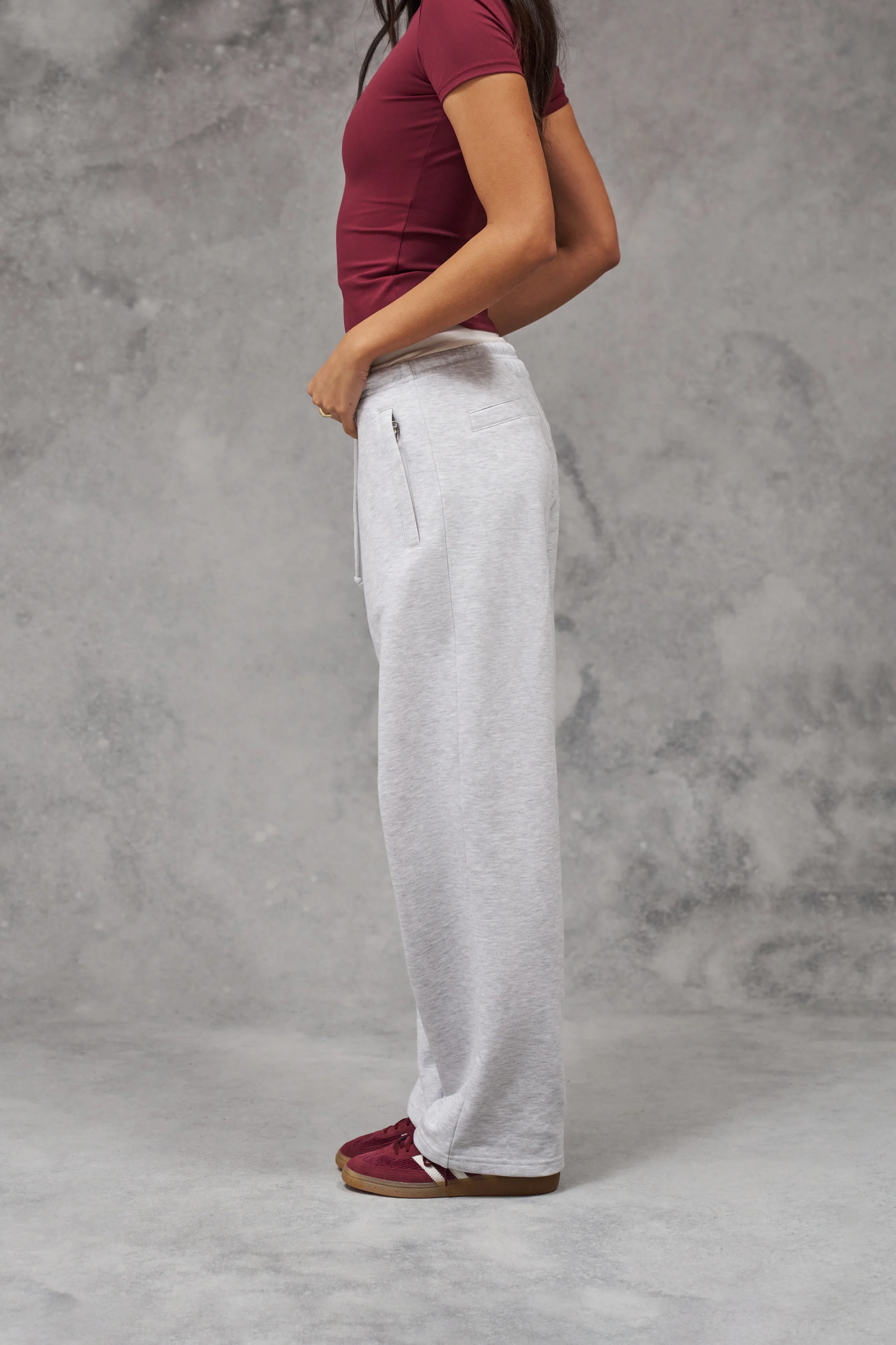 DOUBLE WAISTBAND WIDE LEG JOGGERS - GREY MARL