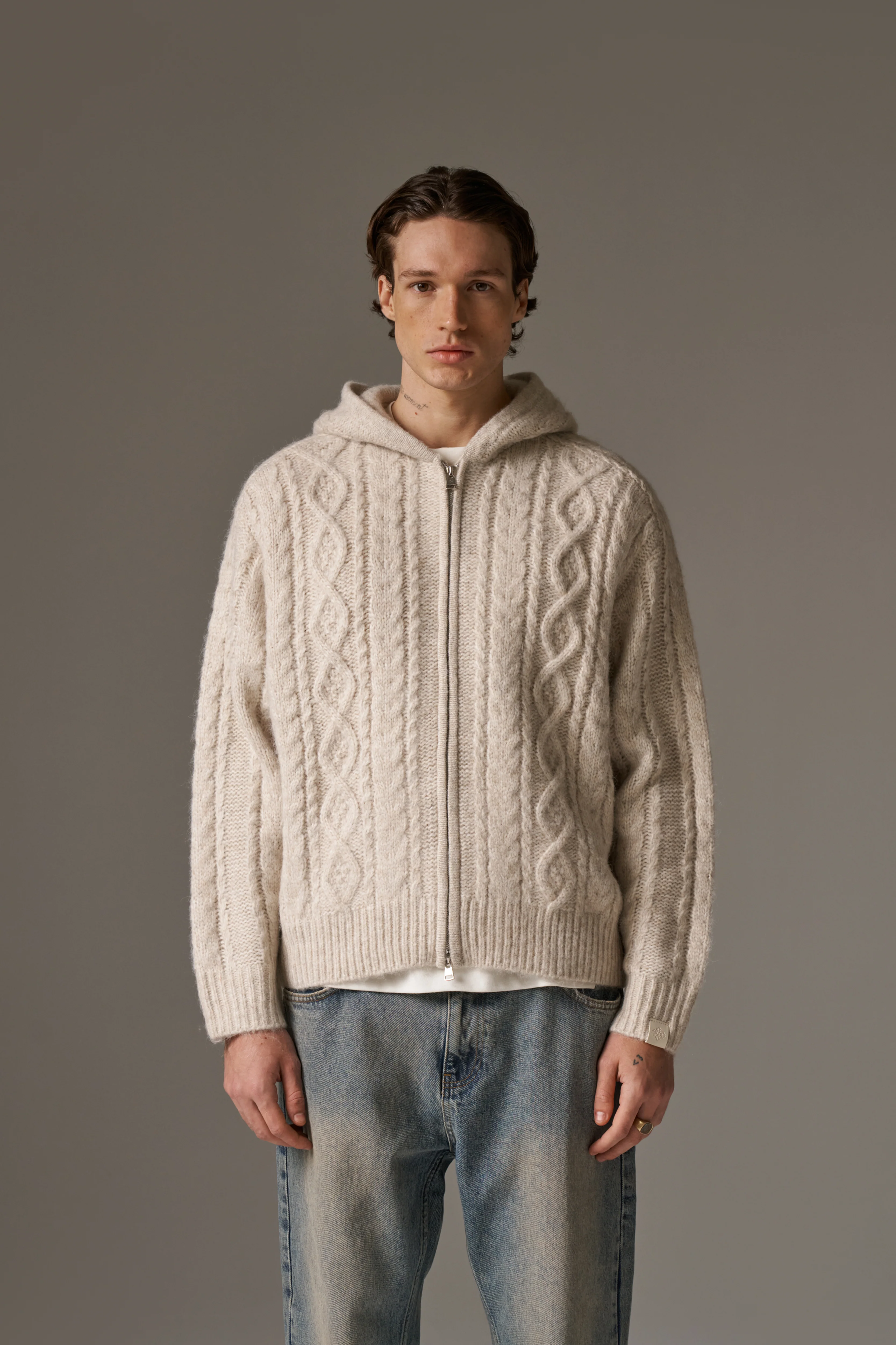 CABLE KNIT ZIP THROUGH HOODIE - STONE