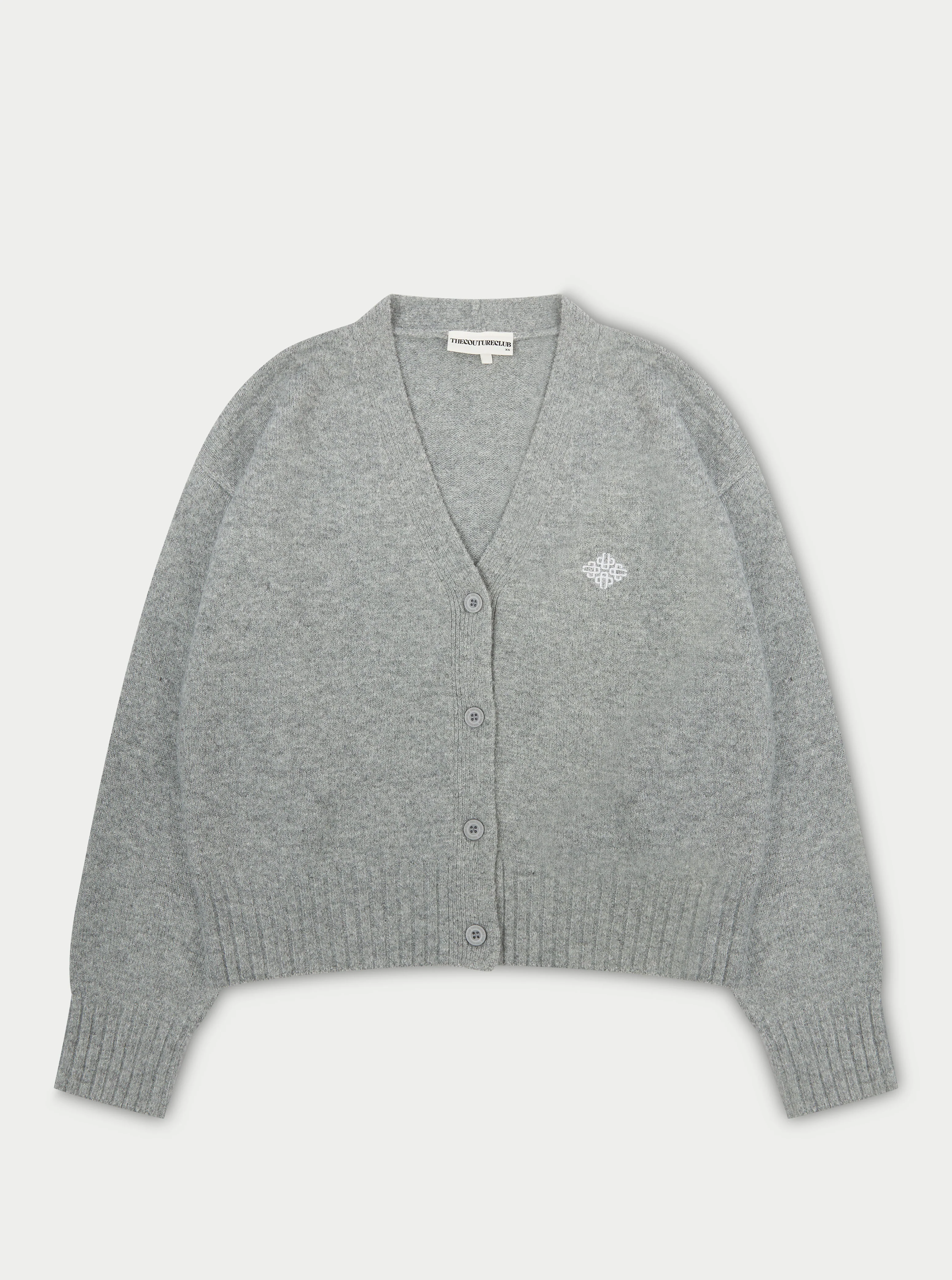 FLUFFY KNIT EMBLEM EMBROIDERED CARDIGAN - GREY MARL