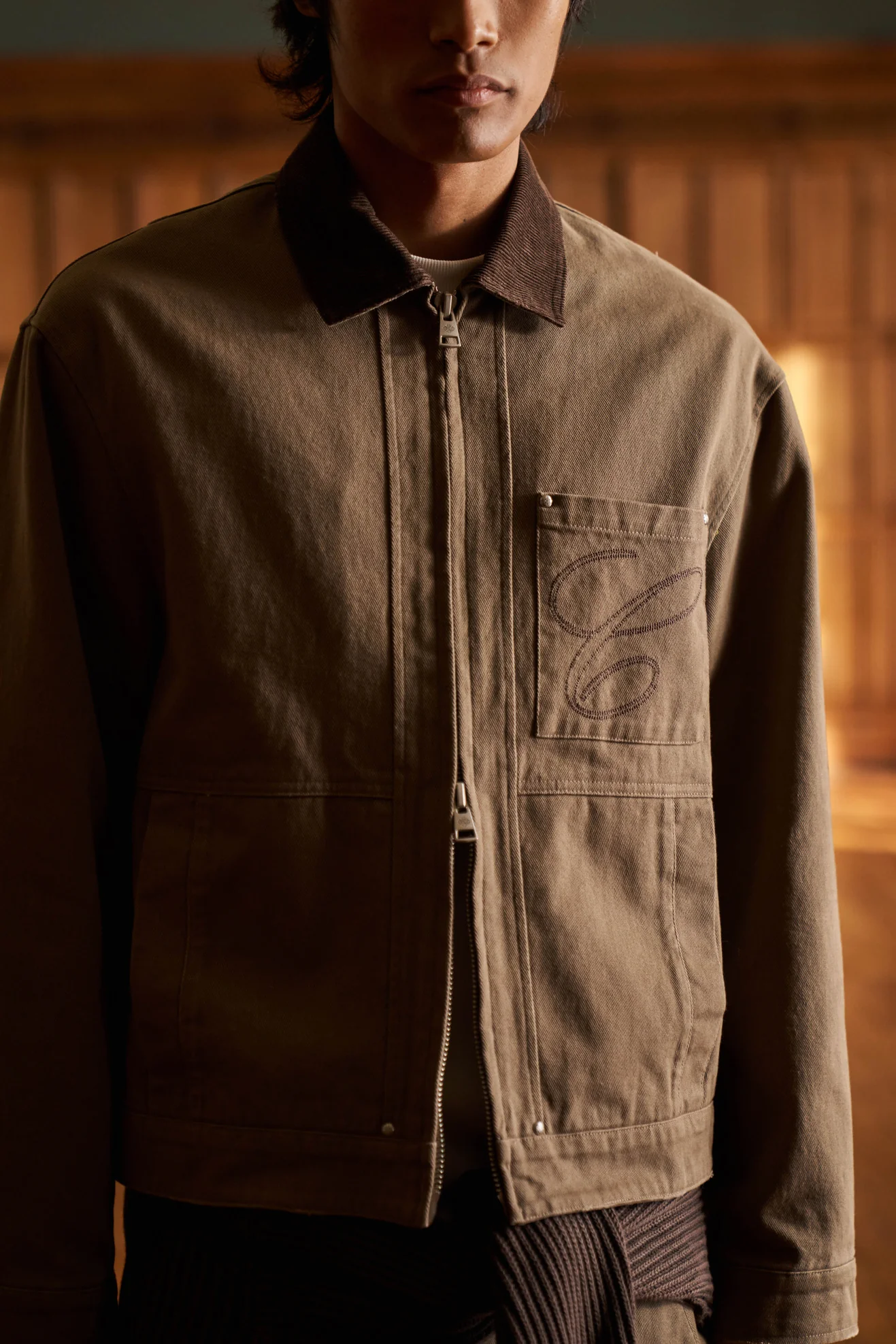 TWILL CONTRAST COLLAR JACKET - WASHED BROWN