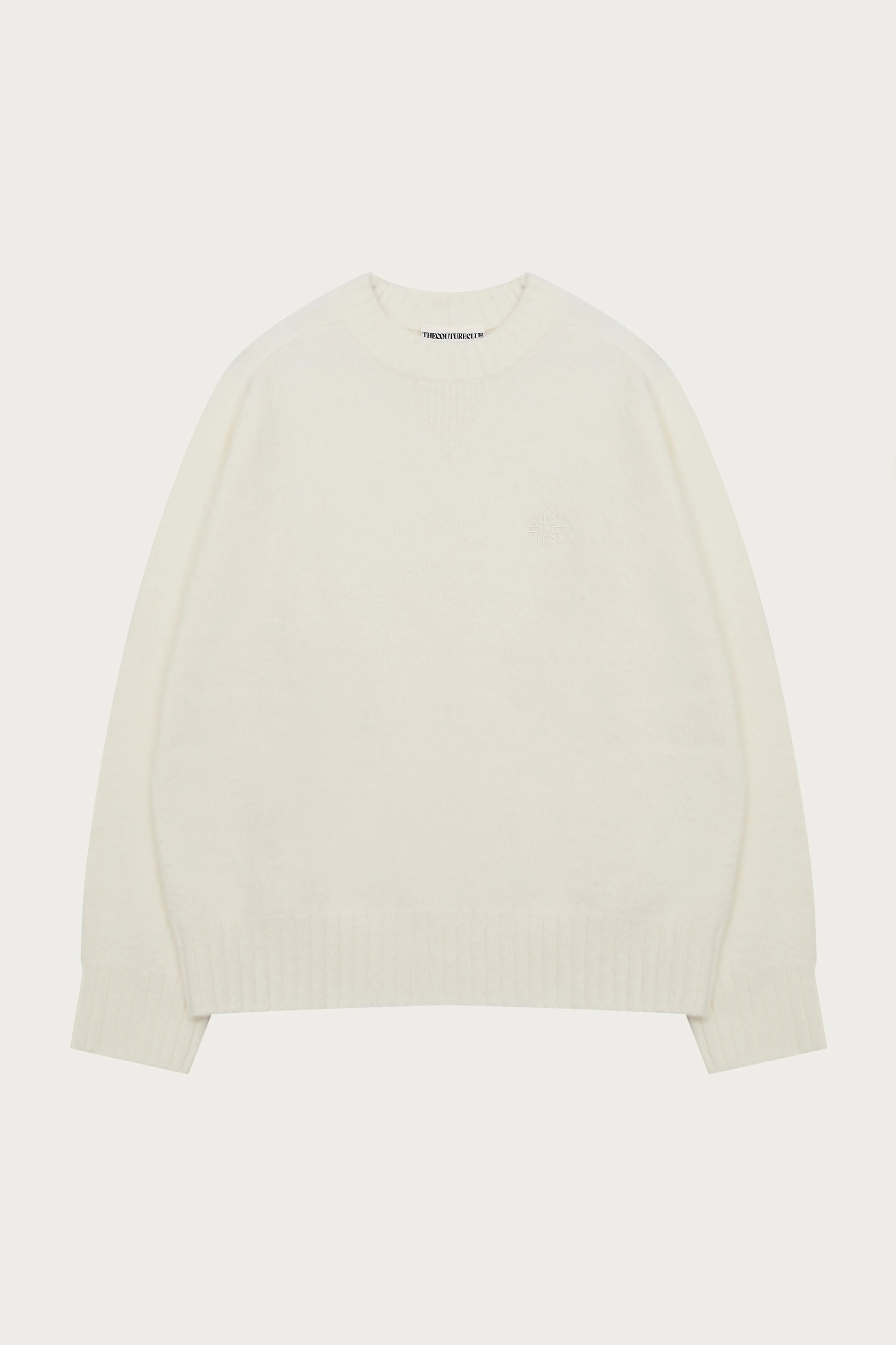 FLUFFY KNIT EMBLEM EMBROIDERED CREW - OFF WHITE