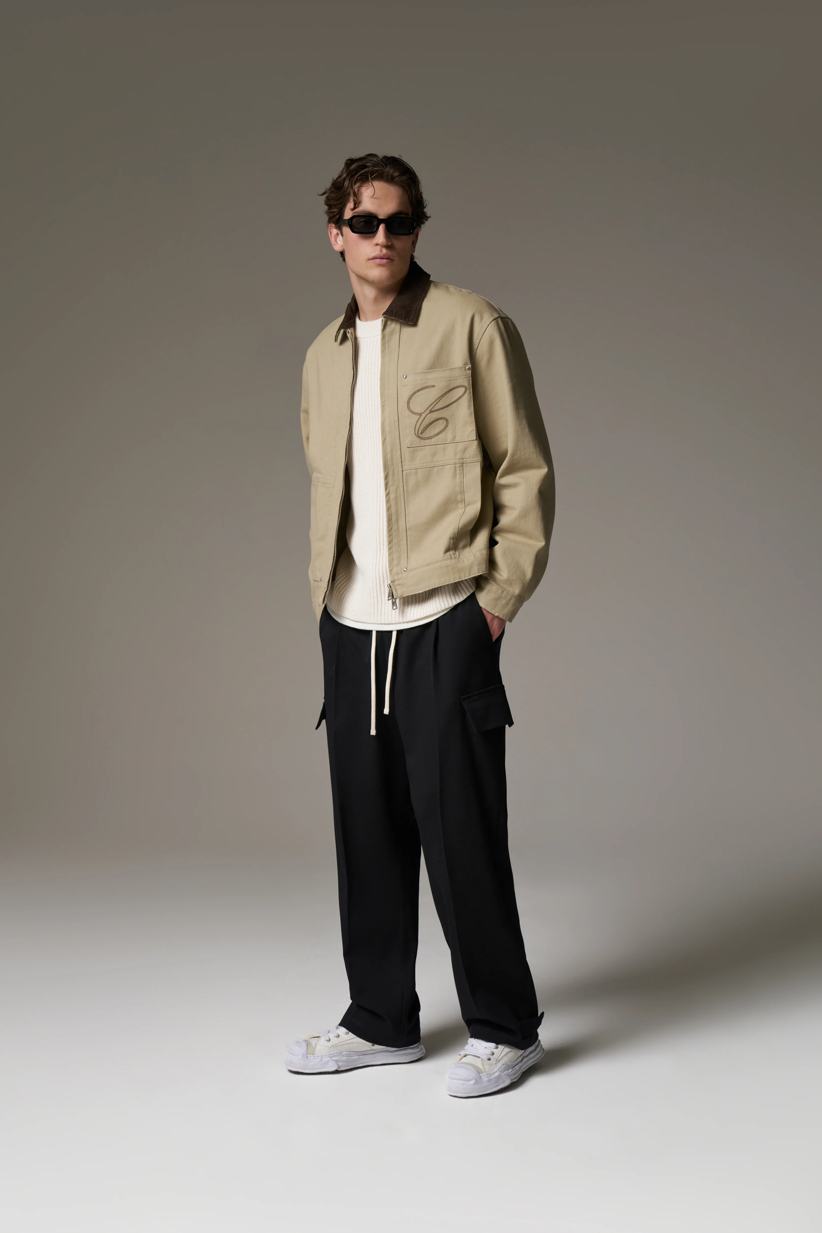 TWILL CONTRAST COLLAR JACKET - BEIGE