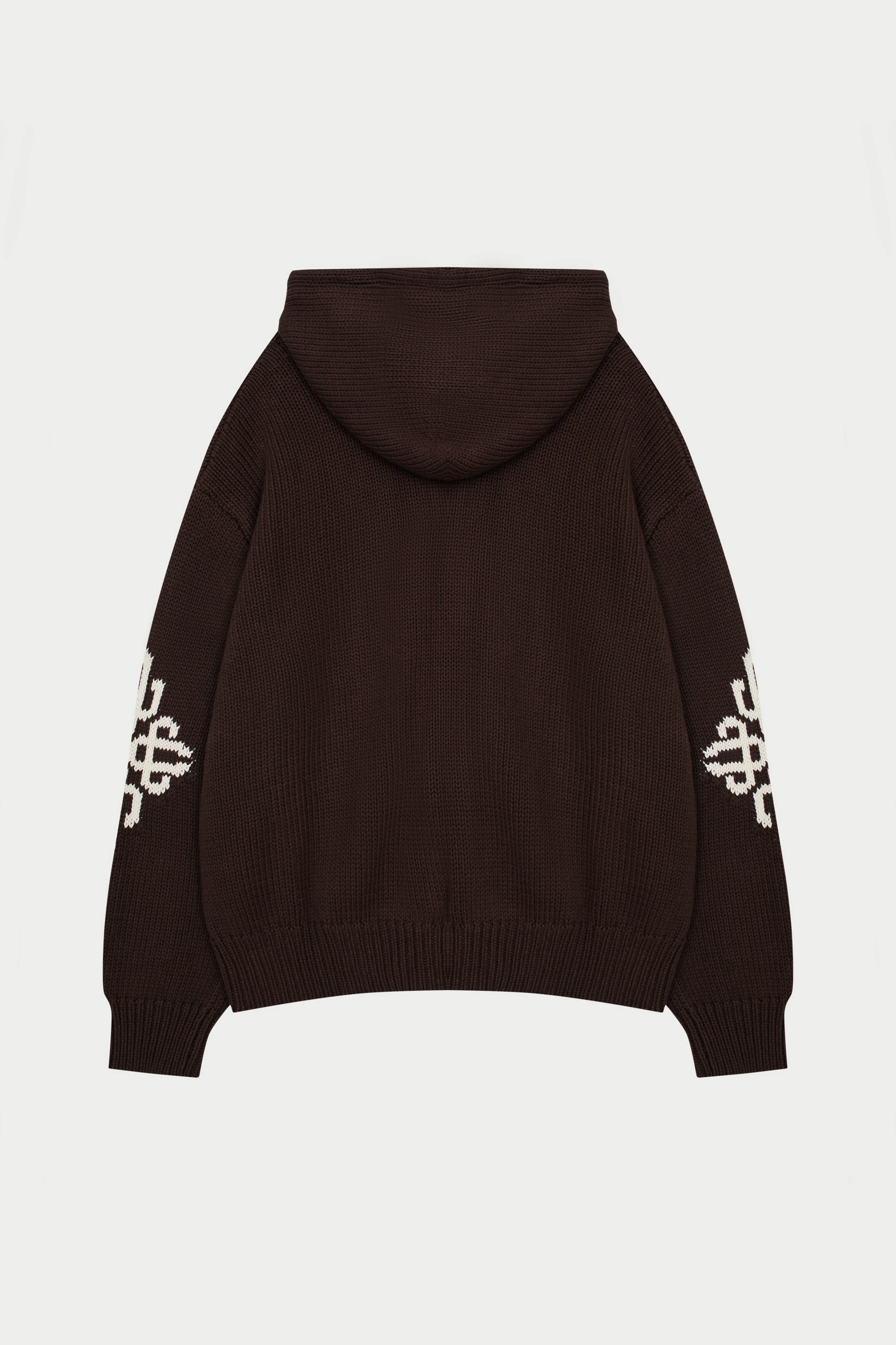 CHUNKY KNIT EMBLEM ZIP THROUGH HOODIE - CHOCOLATE