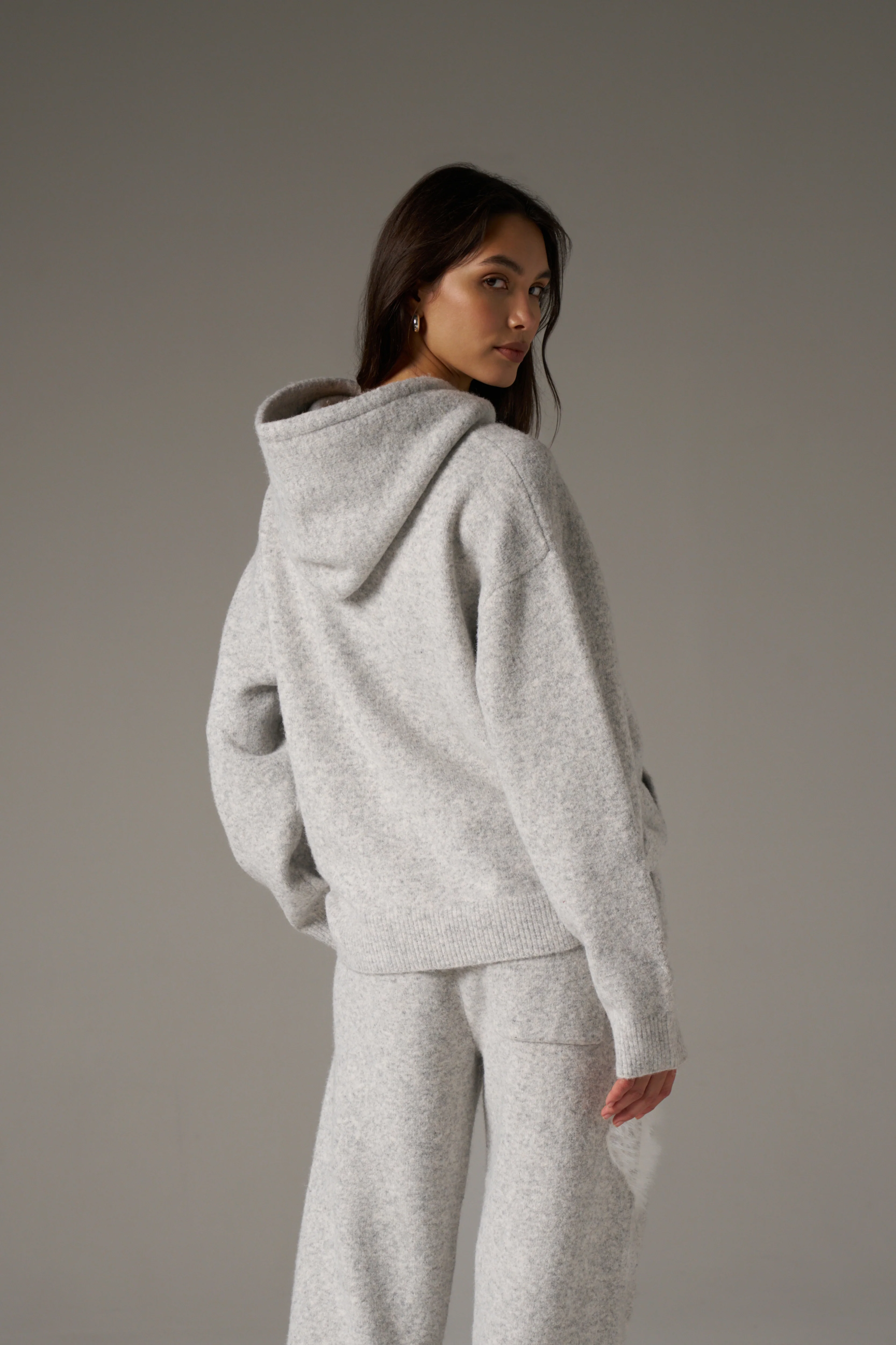 MONOGRAM EMBLEM FLUFFY KNIT ZIP THROUGH HOODIE - GREY MARL