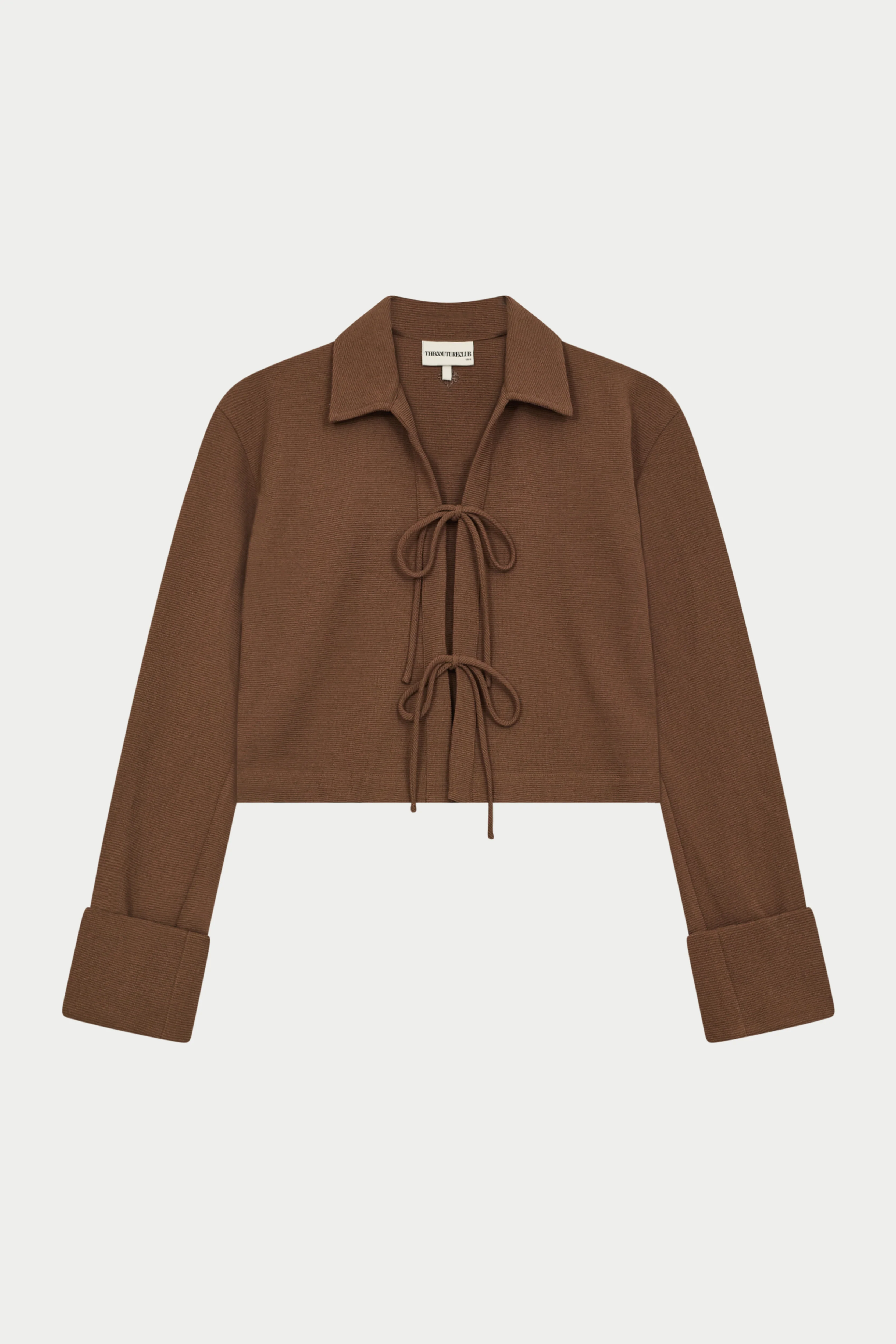 TEXTURED LINEN TIE FRONT SHIRT - BROWN