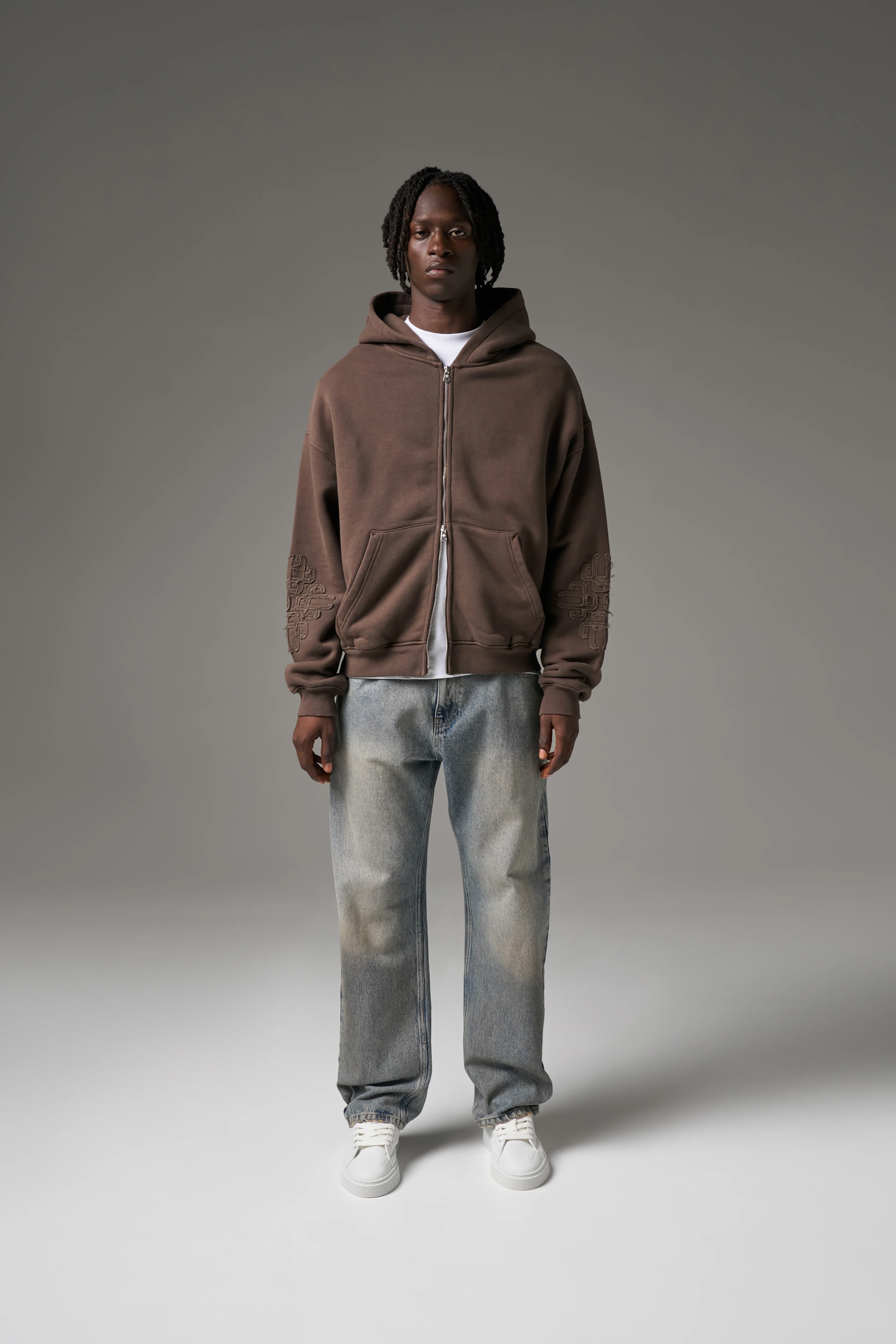 EMBLEM APPLIQUE ZIP THROUGH HOODIE - BROWN